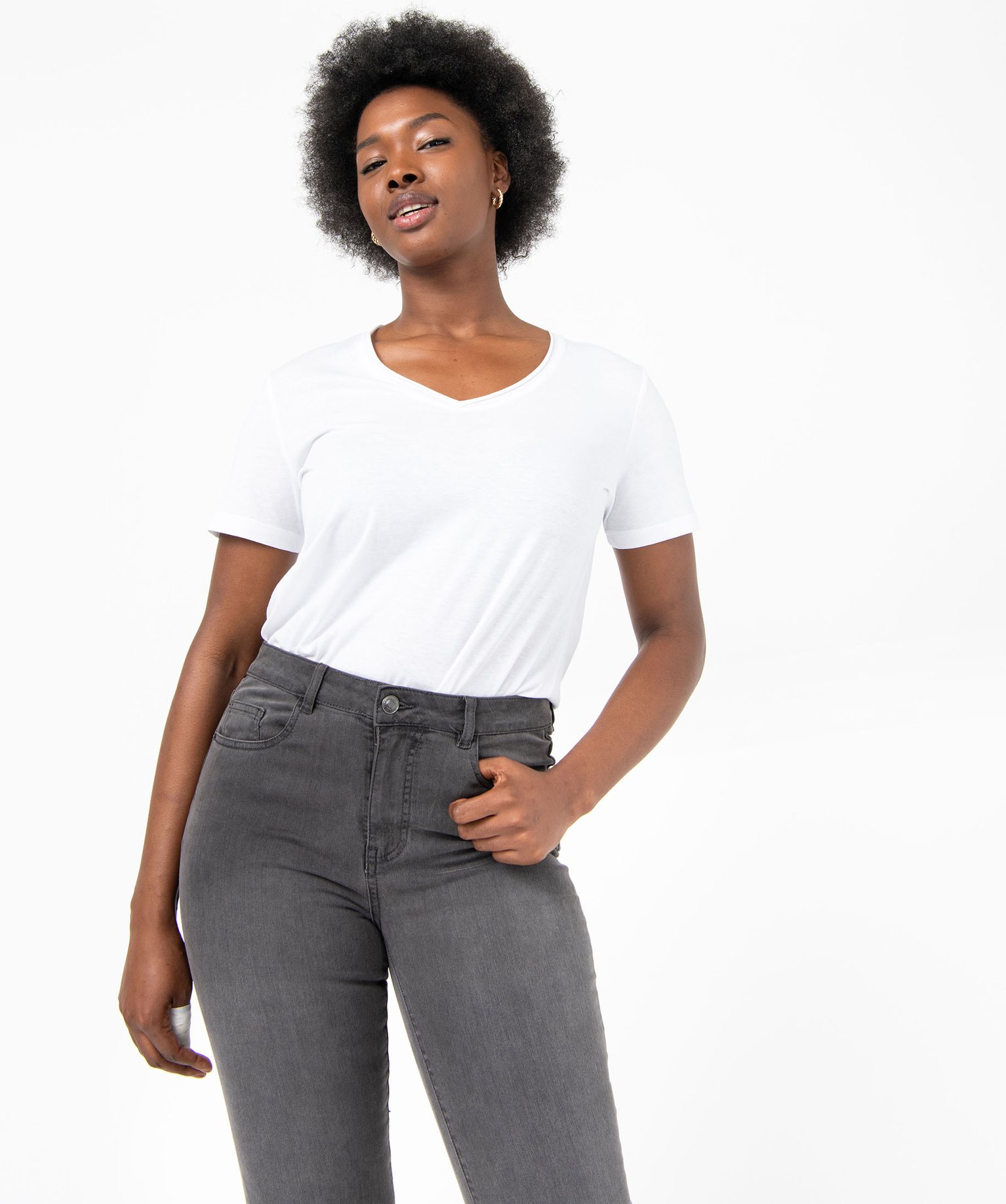 Tee-shirt femme à manches courtes avec col V roulotté blanc | GEMO