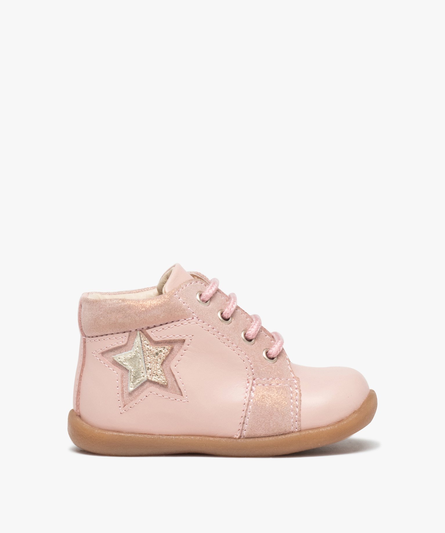 Bottillons bébé filles unis en cuir à lacets rose | GEMO