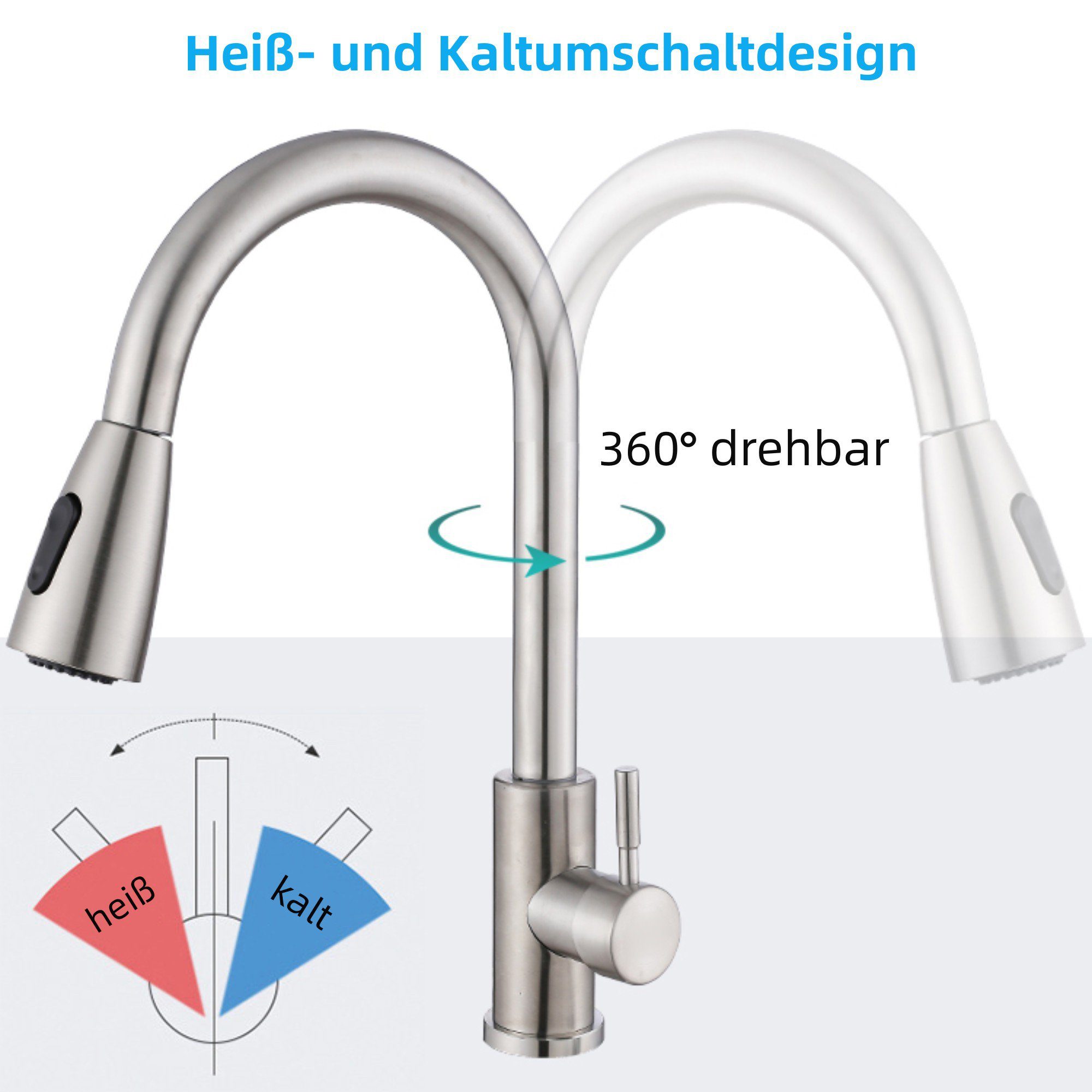 DAKYAM Waschtischarmatur Wasserhahn Küche Bad Küchenarmatur Spültischarmatur ausziehbar mit Ausziehbrause
