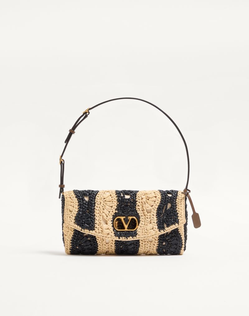 Bolsa de ombro pequena Valentino Garavani Devain em ráfia com motivo de ondas.