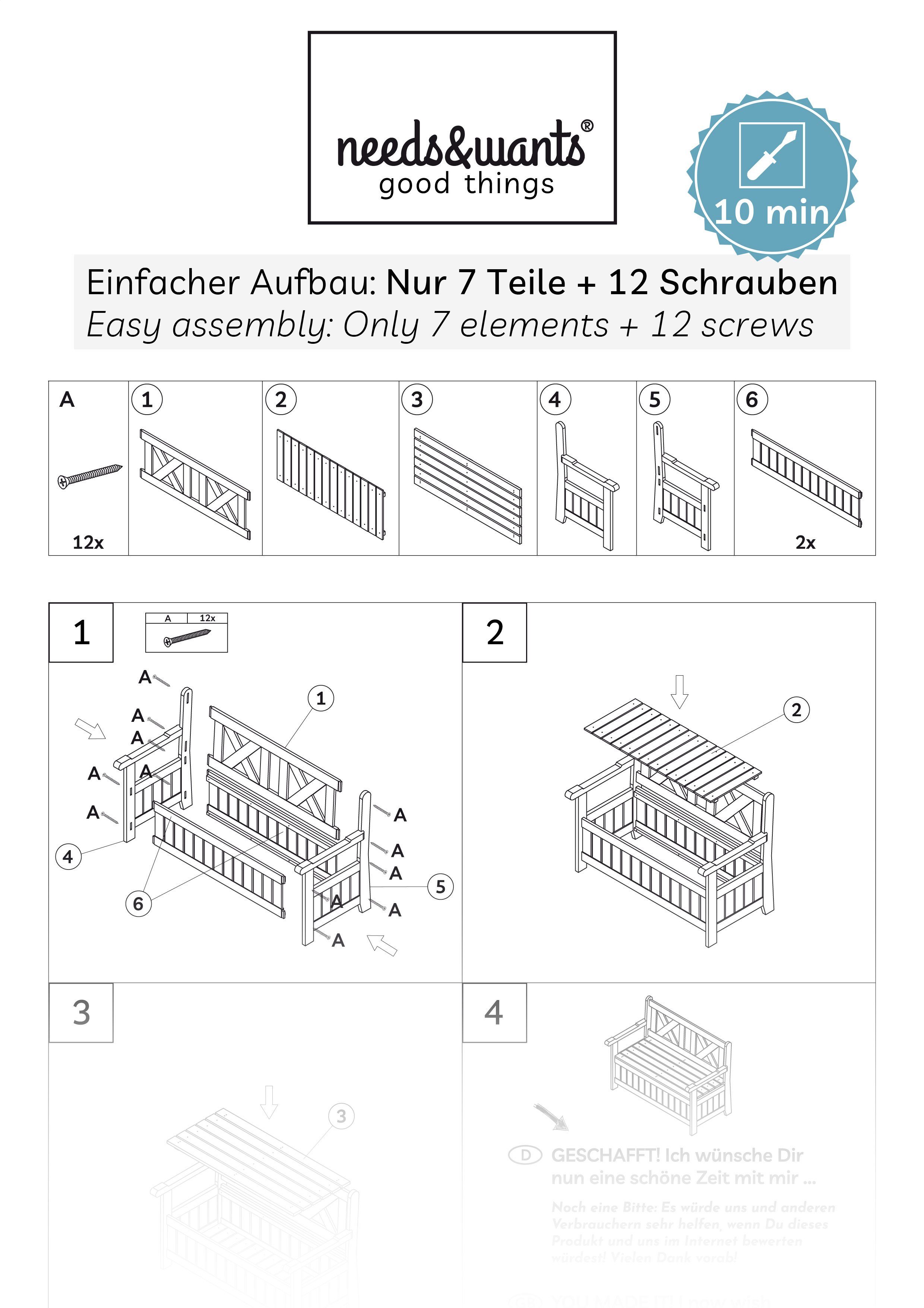 needs&wants® Gartenbank Holz wetterfest mit Stauraum, Truhenbank Holzbank Sitzbank Truhe weiß