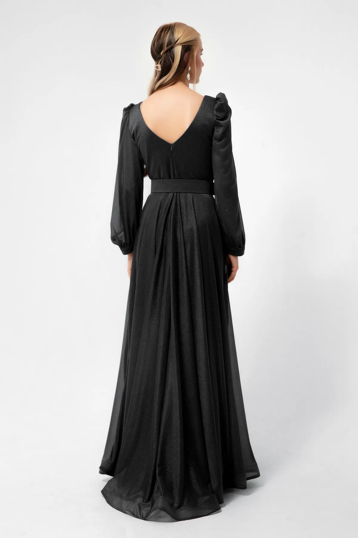 Lafaba  Schwarzes, zweireihiges, ausgestelltes Abendkleid für Damen mit silbernem Kragen