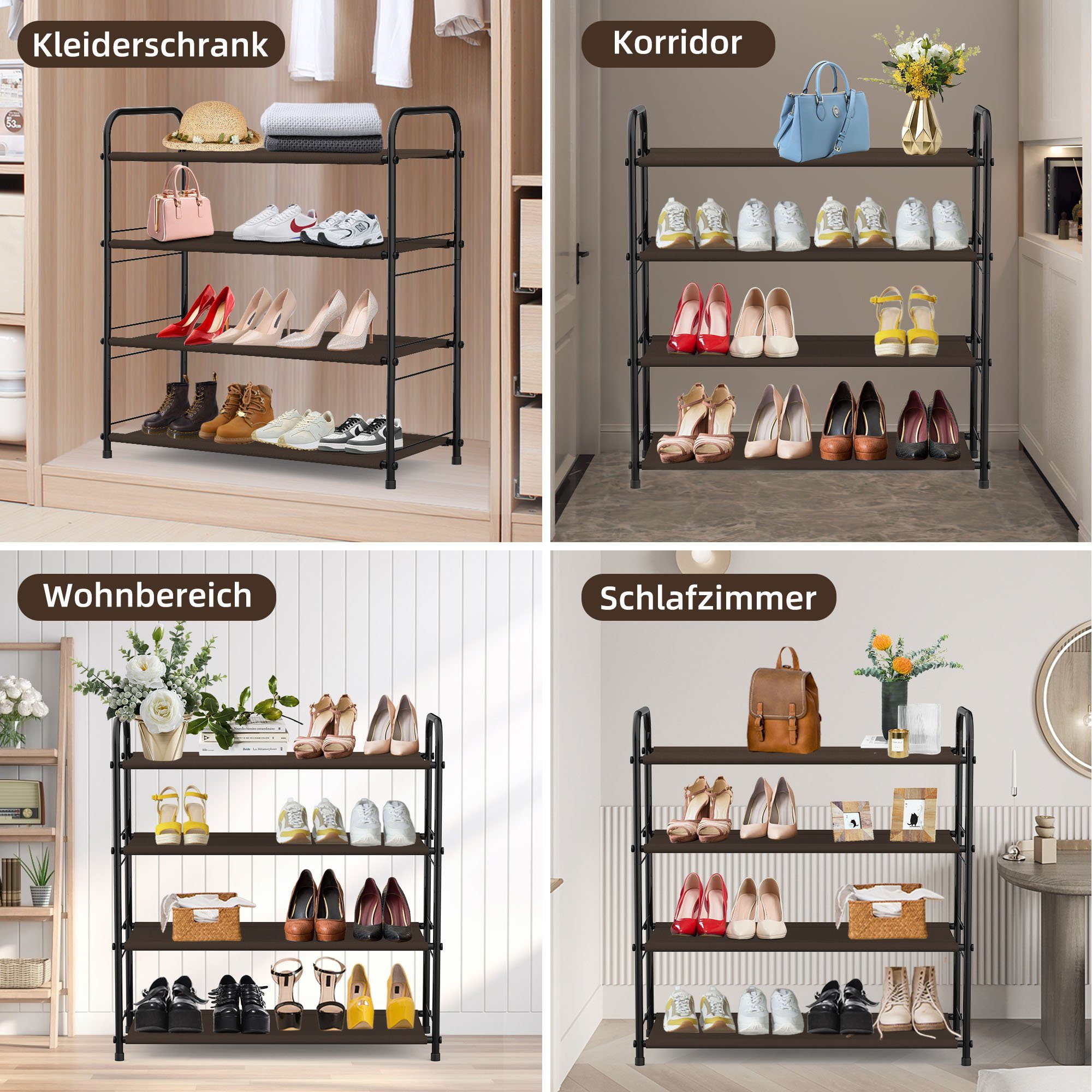 NEFOSO Schuhschrank 4-stöckiges, Metall Schuhregal, Stapelbares und ausziehbares, braun 600D Oxford-Gewebe, Hauseingang Schuhregal Stecksystem, 68x29x65cm
