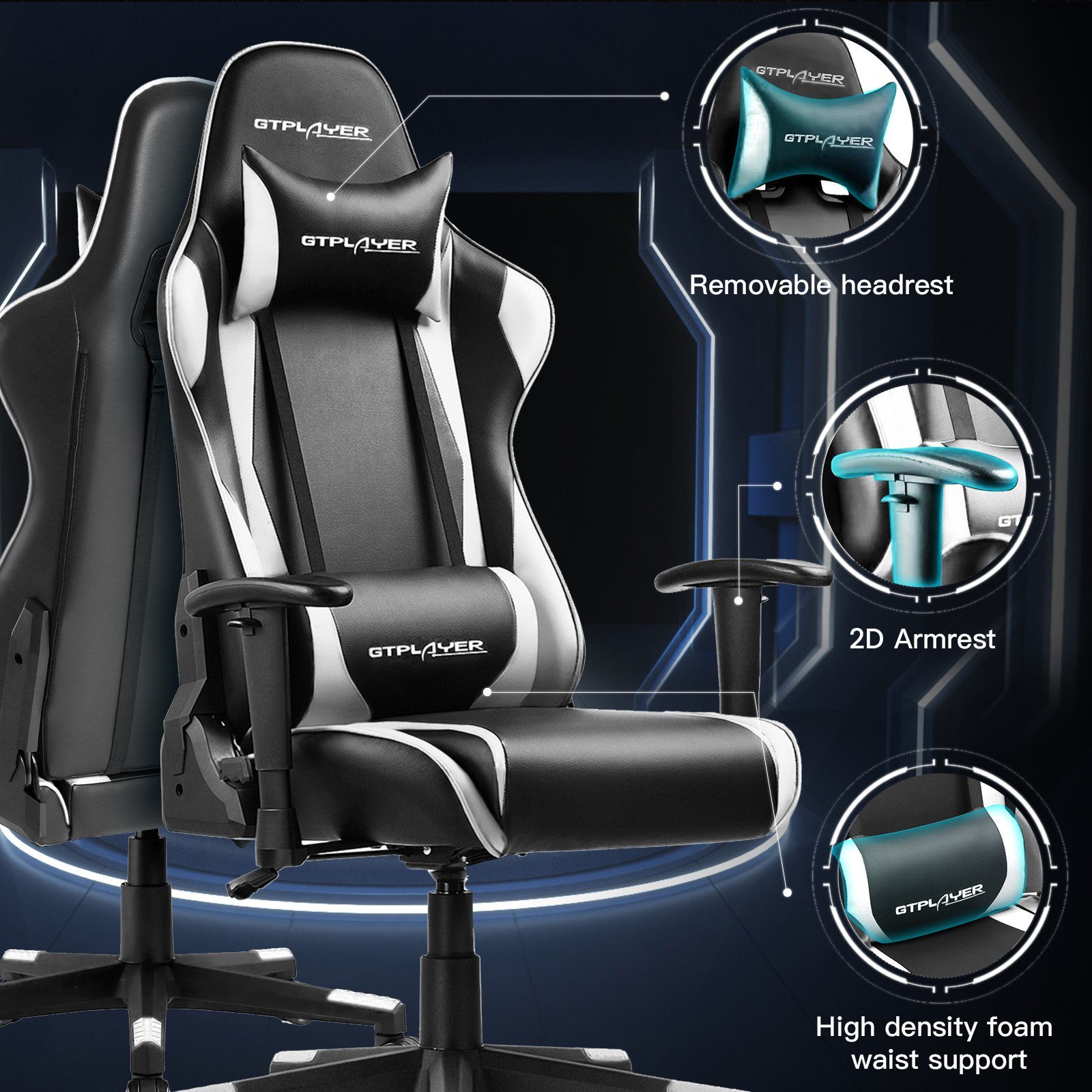 GTPLAYER Gaming-Stuhl Bürostuhl Ergonomische Design inkl. Lenden- und Nackenkissen, The reclining function supports the waist
