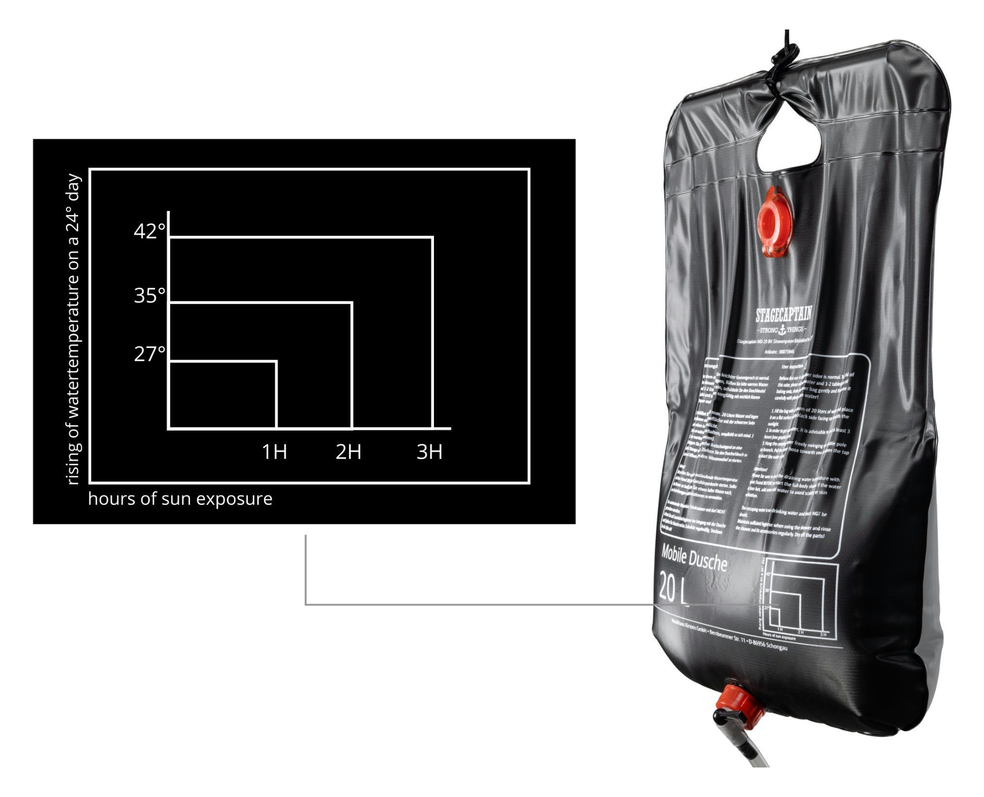 Stagecaptain Solardusche MD-20 BL Mobildusche mit 20 Liter Volumen (Campingdusche Set, 2 St., Inkl. Netzbeutel und Aufhängevorrichtung), Reisedusche Solar mit Duschkopf