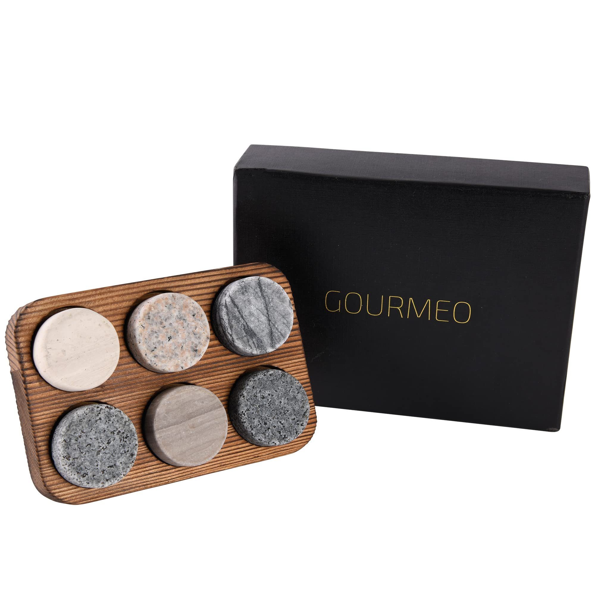 GOURMEO Whiskyglas Whiskey Steine Set: 6 Marmor, 3 Granit, Holzpräsentationsschale, Holz, Whiskey Steine Set: 6 Marmor und 3 Granit mit Holzpräsentationsschale