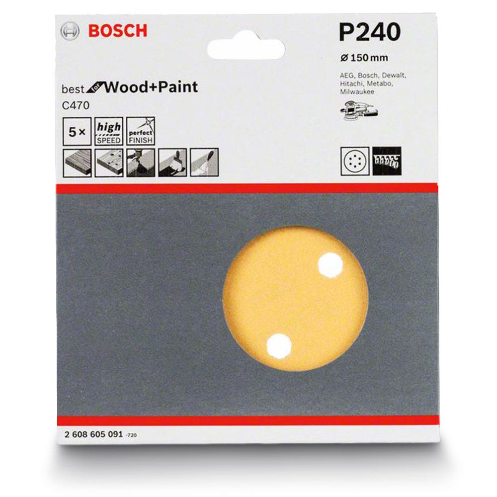 Disco de lixa BOSCH 150 mm, grão 240, 6 furos, velcro, para madeira e tinta – C470 – 5 peças