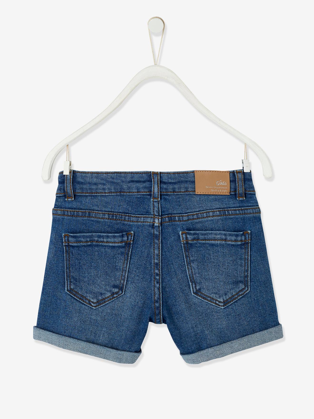 Short en jean brodé fille avec noeud imprimé fleurs double stone