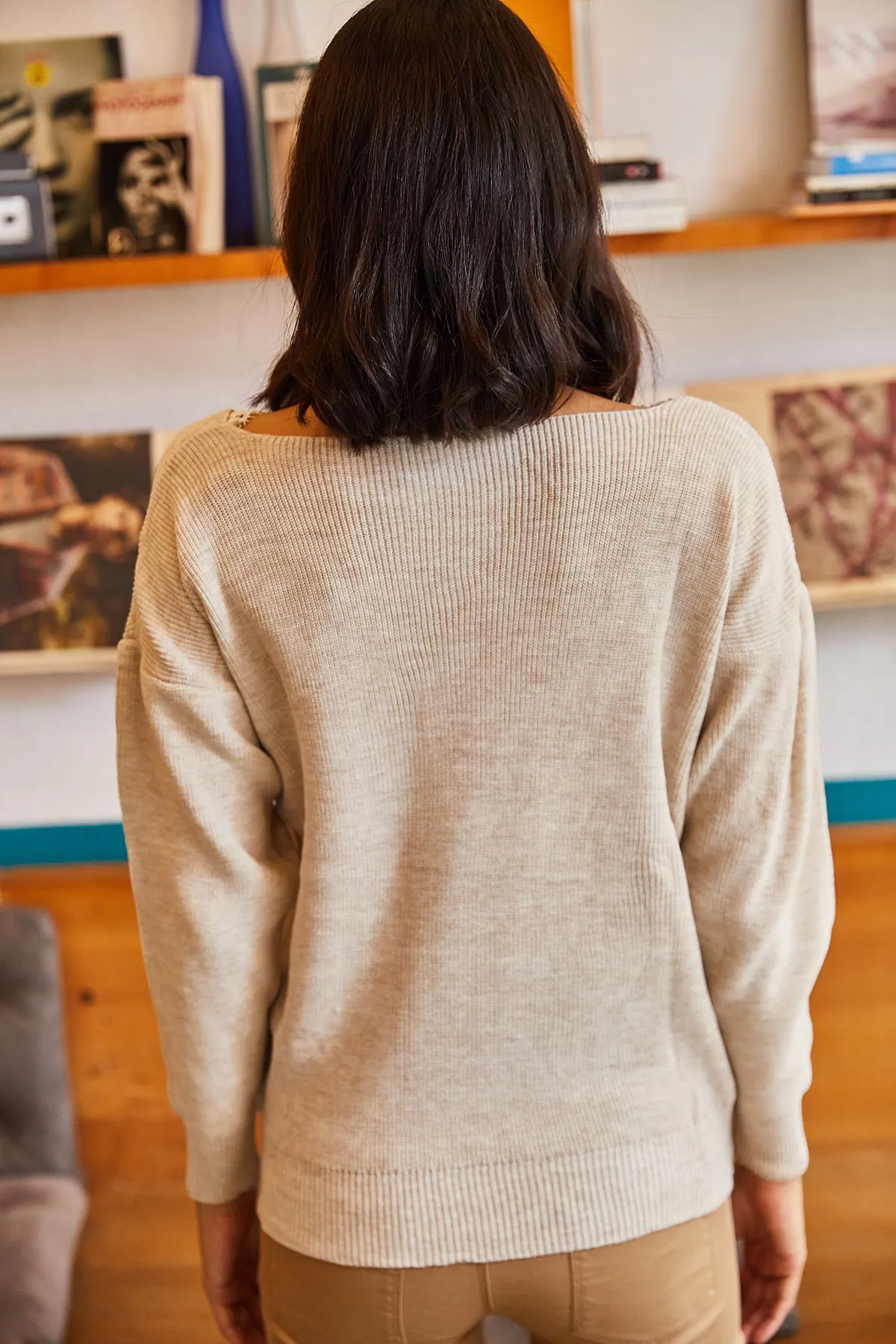 Olalook  Damen-Strickbluse mit Steinkragen und Spitze BLZ-19001605