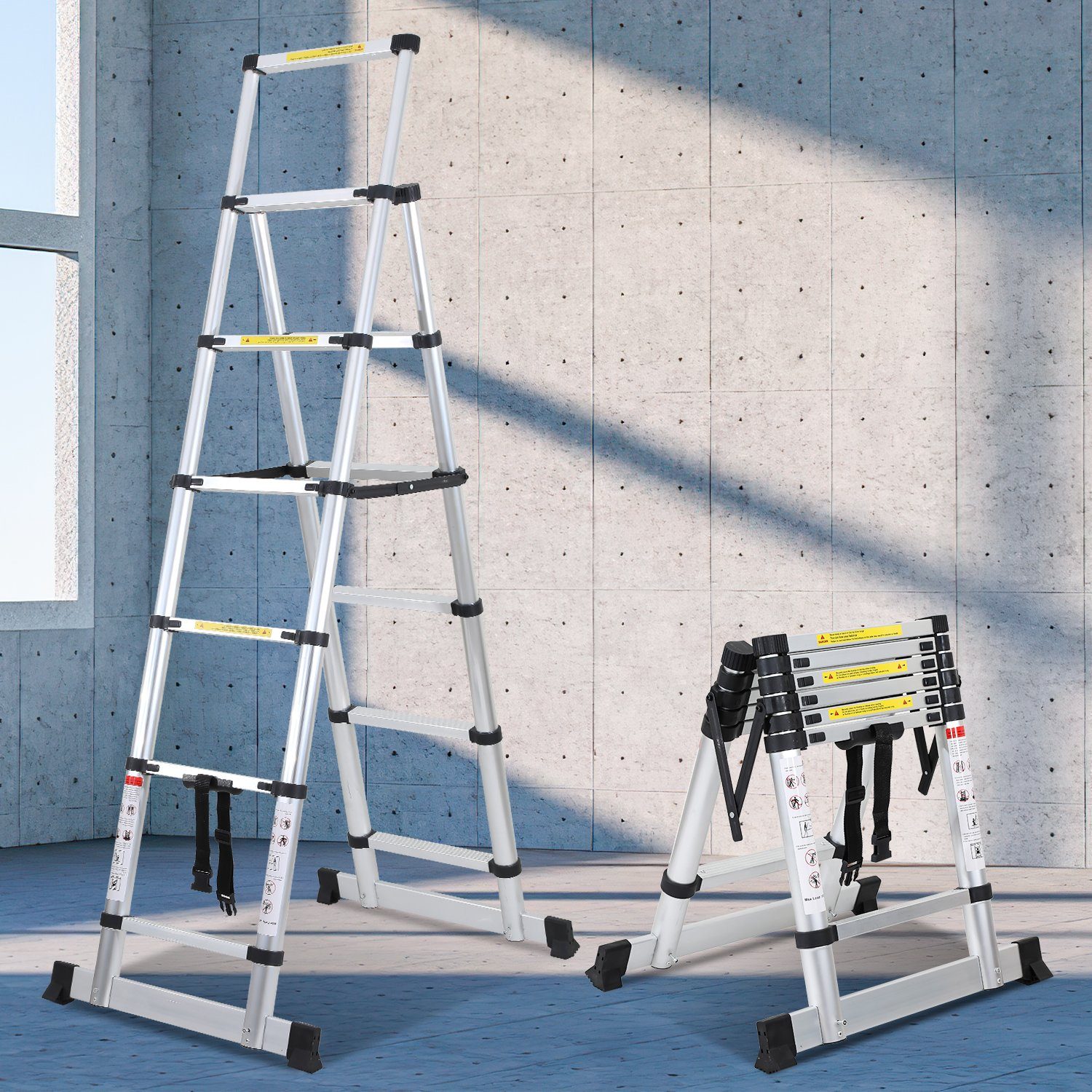 Yakimz Teleskopleiter Teleskopleiter Alu 1,7+2,0m Waagebalken Anlegeleiter