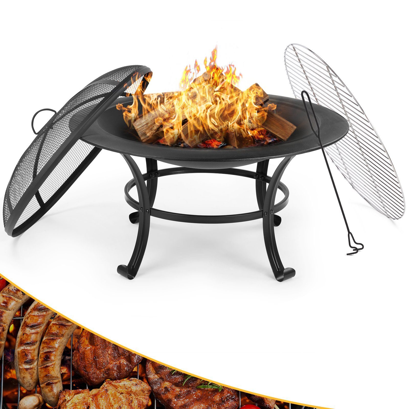TLGREEN Feuerschale, Ø 76cm Feuerkorb, Feuerstelle für Grillen und Heizen, Schwarz