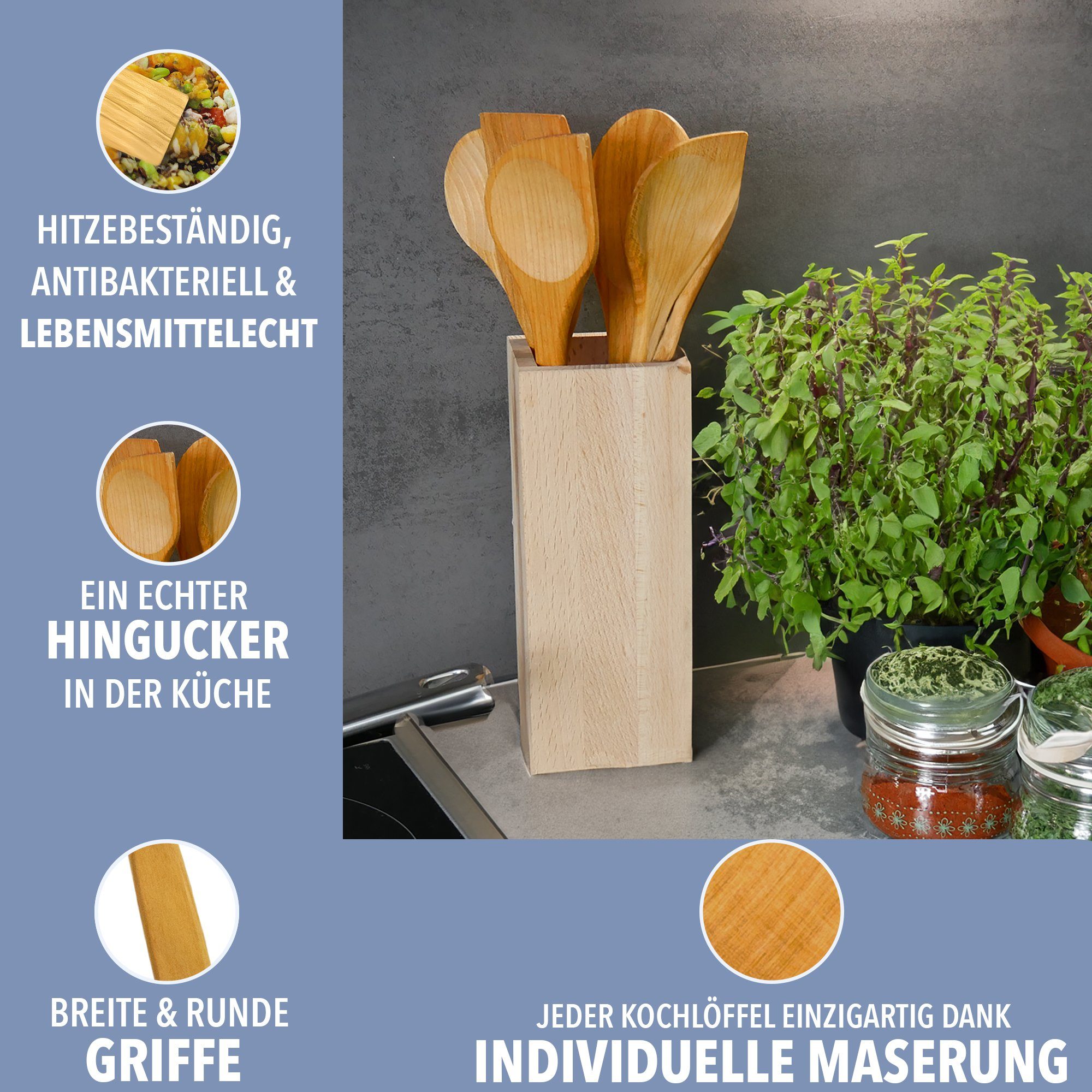 SOHFA Kochlöffel Kirschholzlöffel 5er Set aus hochwertigem europäischen Holz - 30cm, Kirschholz