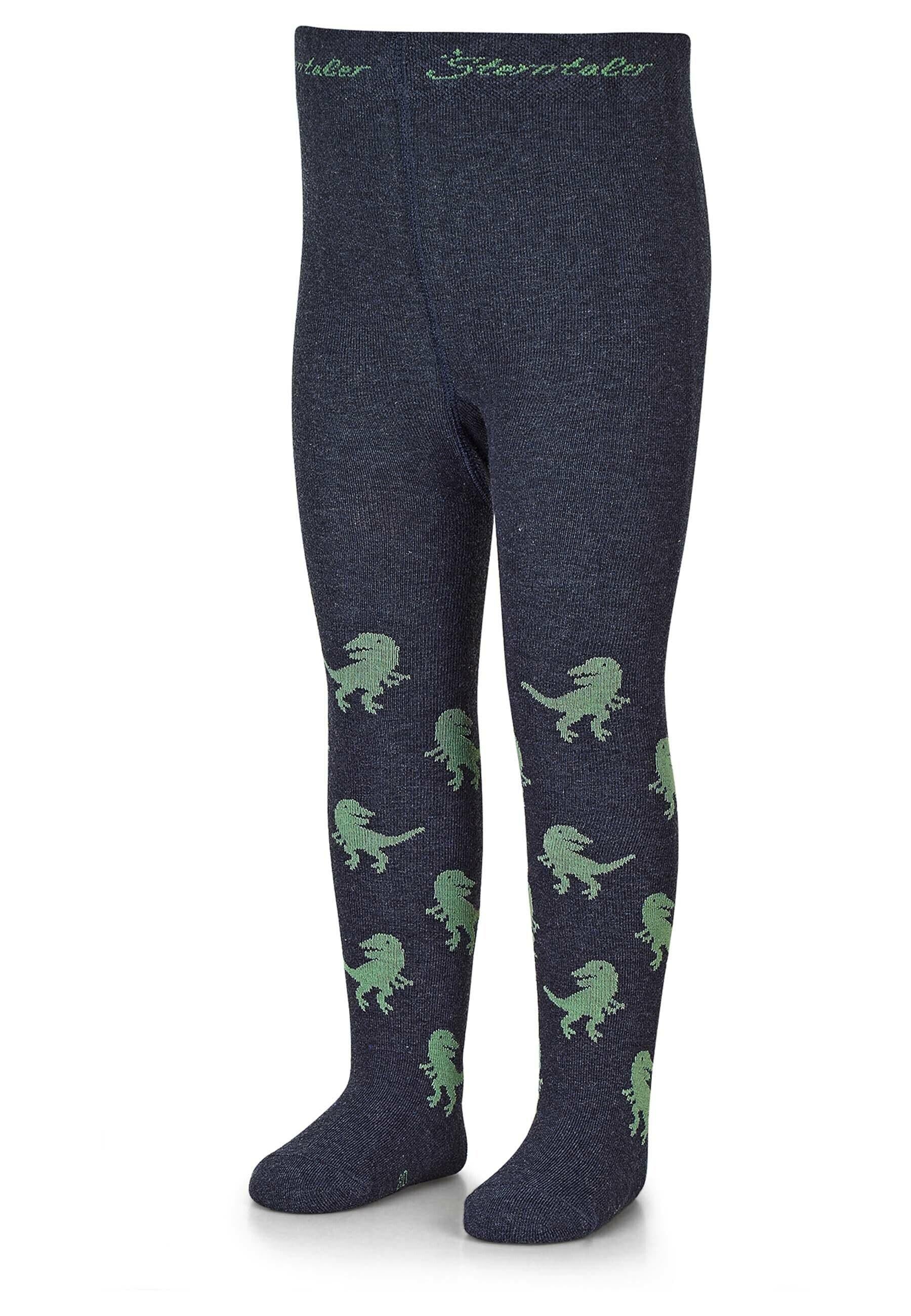 Strumpfhose T-Rex in Blau melange mit grauen Dinos
