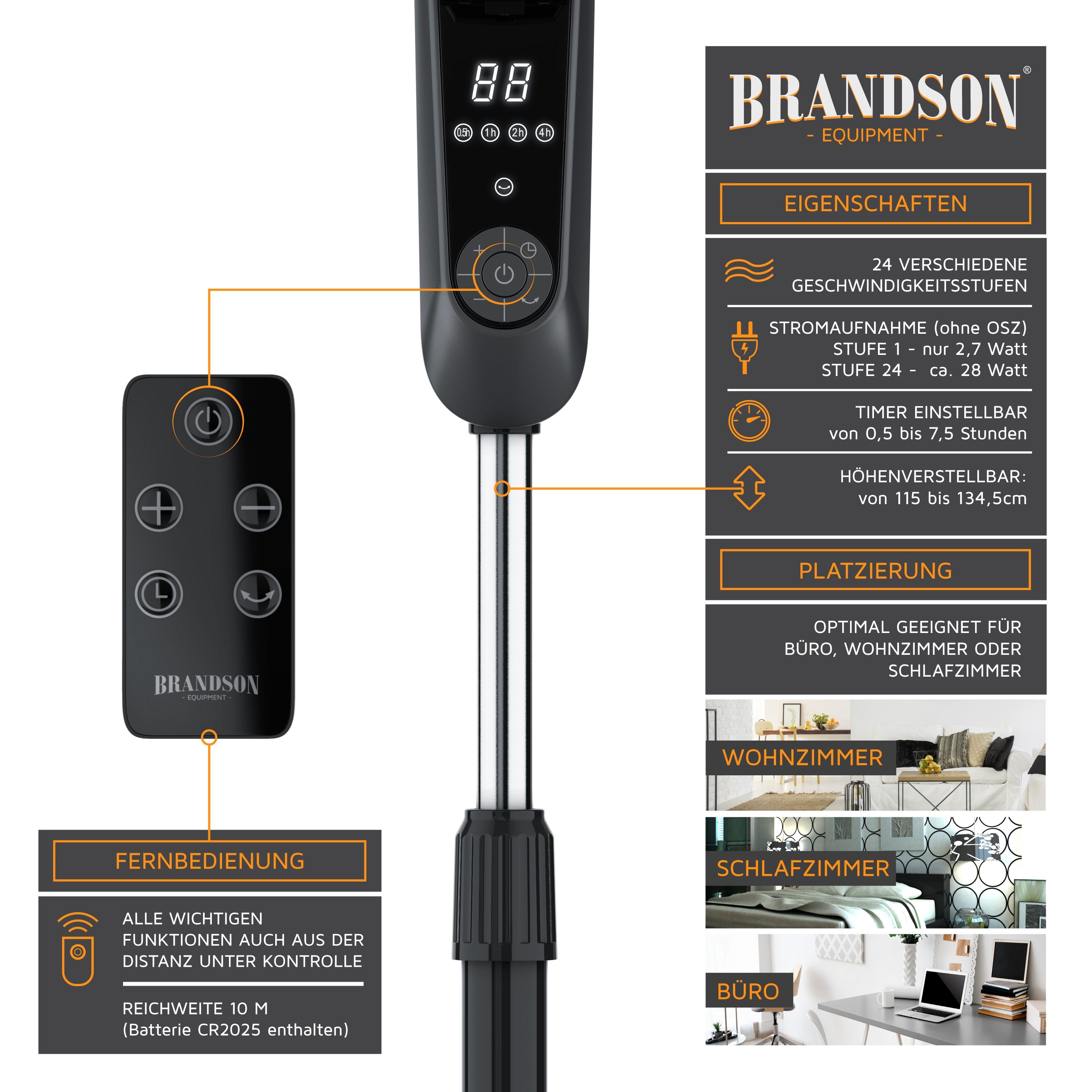 Brandson Standventilator, 45,5 cm Durchmesser, DC, leise, Fernbedienung, energiesparend, Oszillation, 25 Stufen