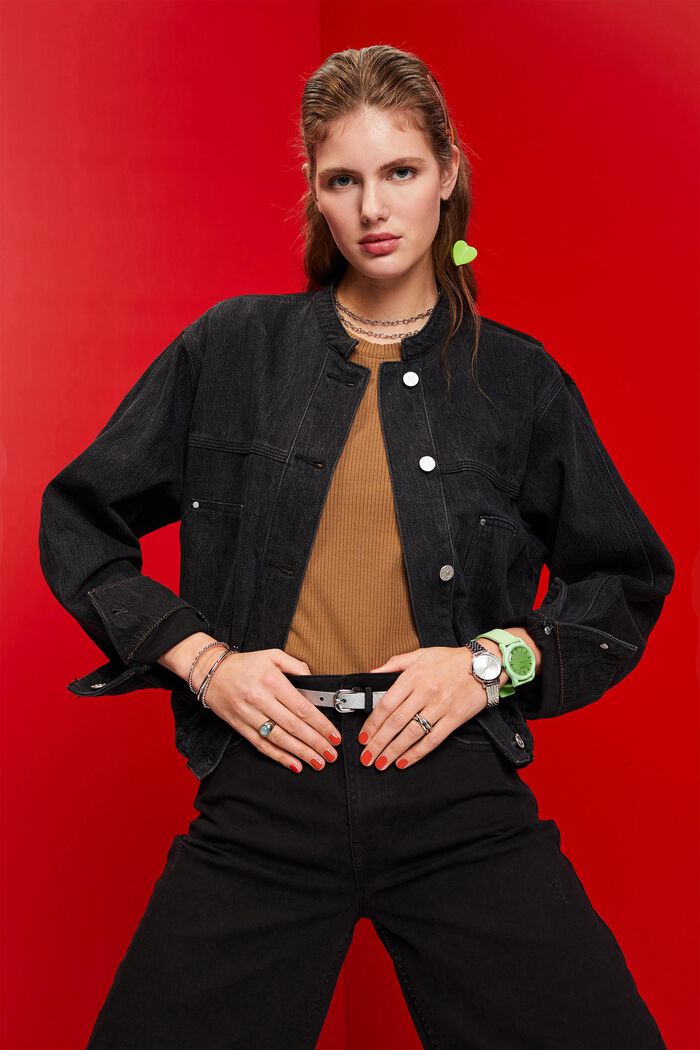 Kragenlose Jeansjacke mit Kordelzug