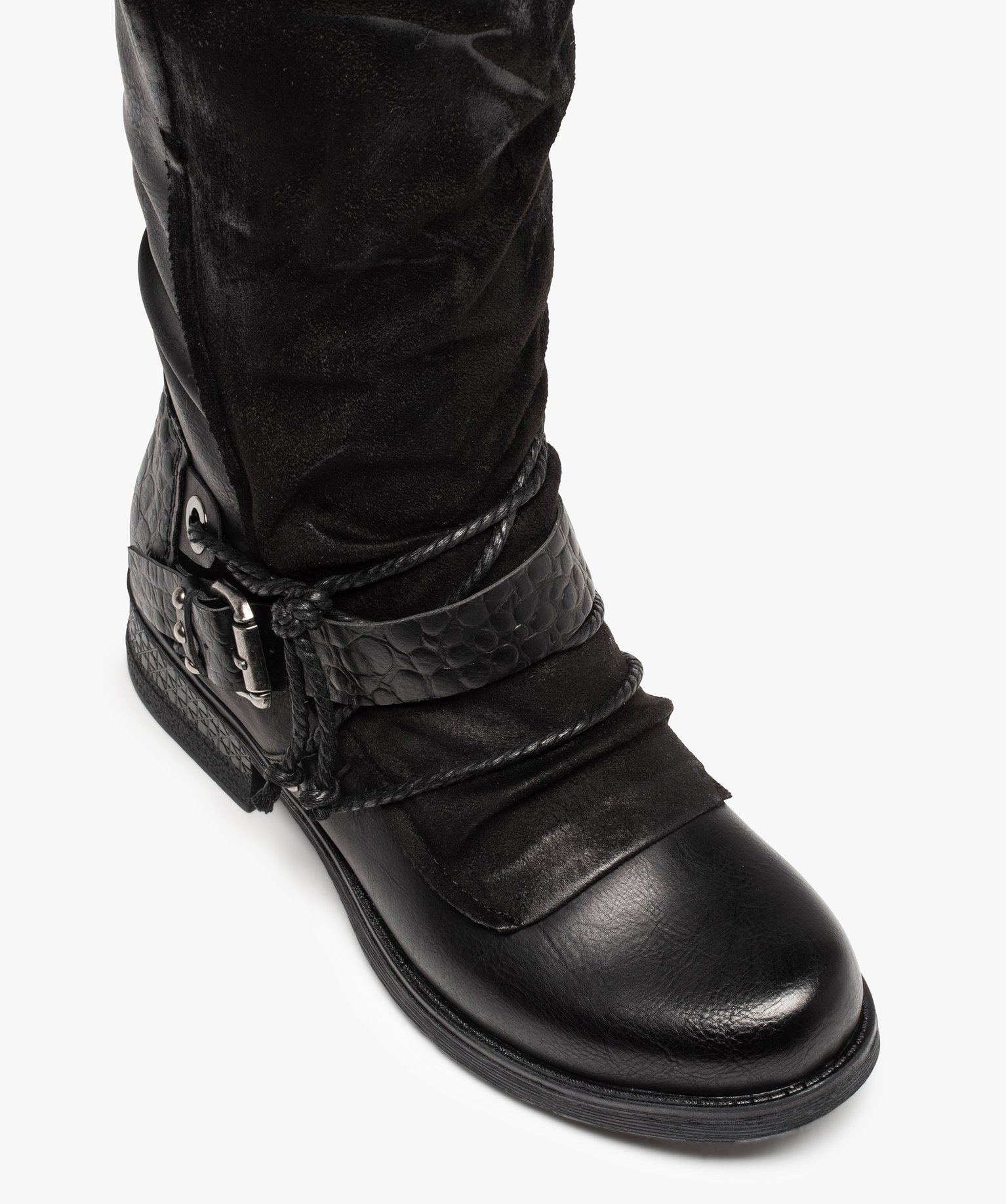 Bottes femme unies style motard à brides fantaisie noir | GEMO