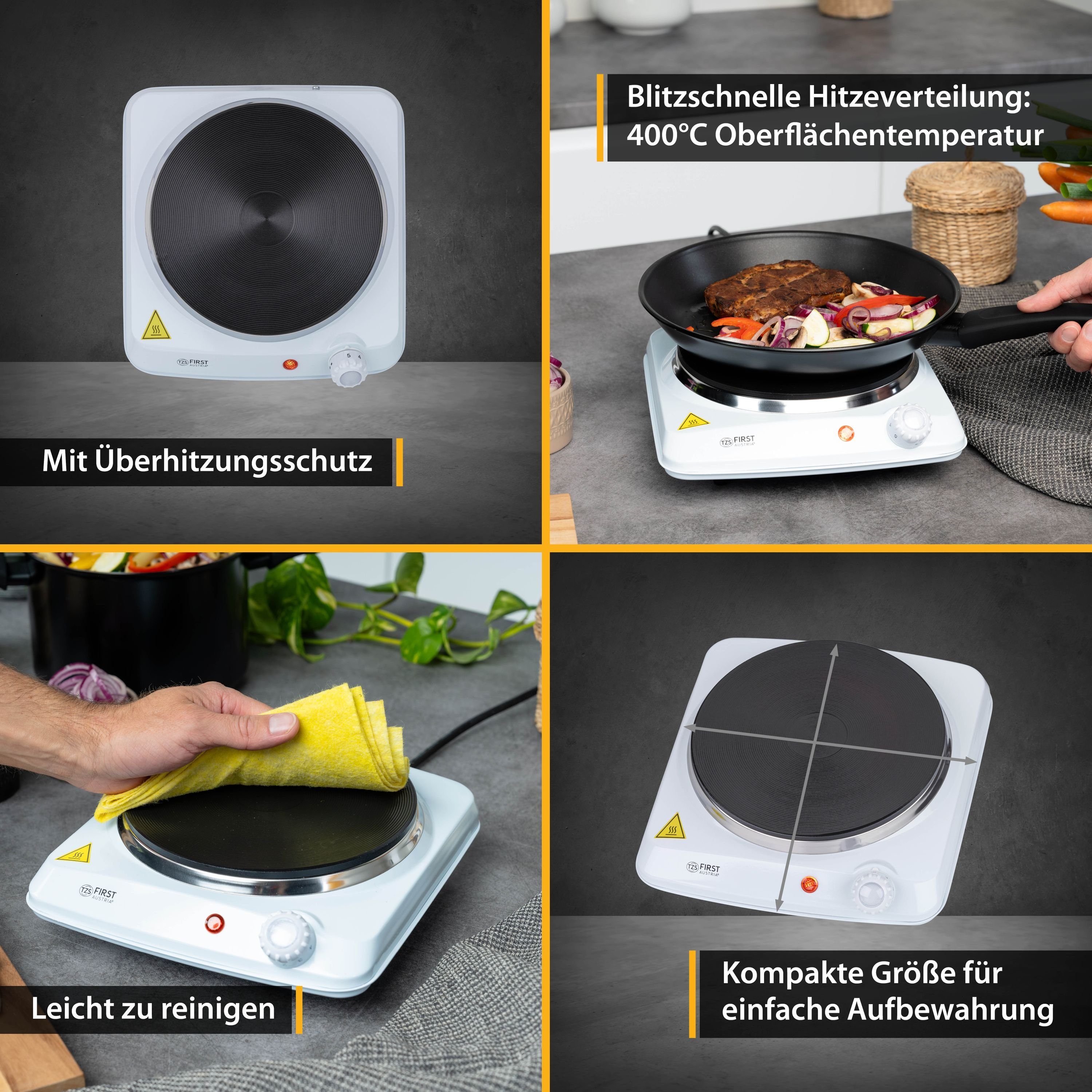 TZS FIRST AUSTRIA Doppelkochplatte Einzelkochplatte 1500W, Gusseisen, Kochplatte Weiß, Herdplatte Camping, Thermostat mit 5 Temperaturstufen