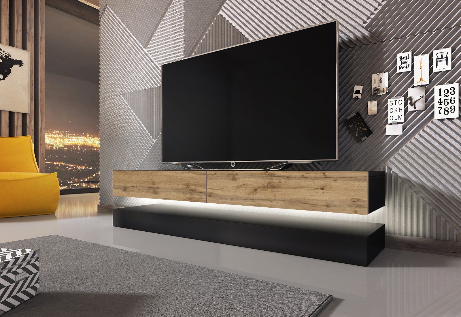 GuenstigEinrichten Lowboard Bird (TV-Board in schwarz und Wotan Eiche, Breite 140 cm), mit Stauraum, inklusive LED Beleuchtung