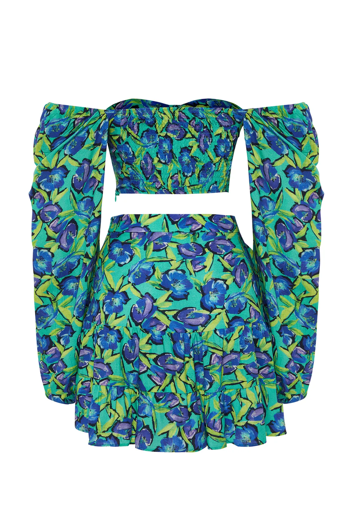 Trendyol Collection  Gewebtes Blusenrock-Set mit Ballonärmeln und Blumenmuster TBESS24AU00046