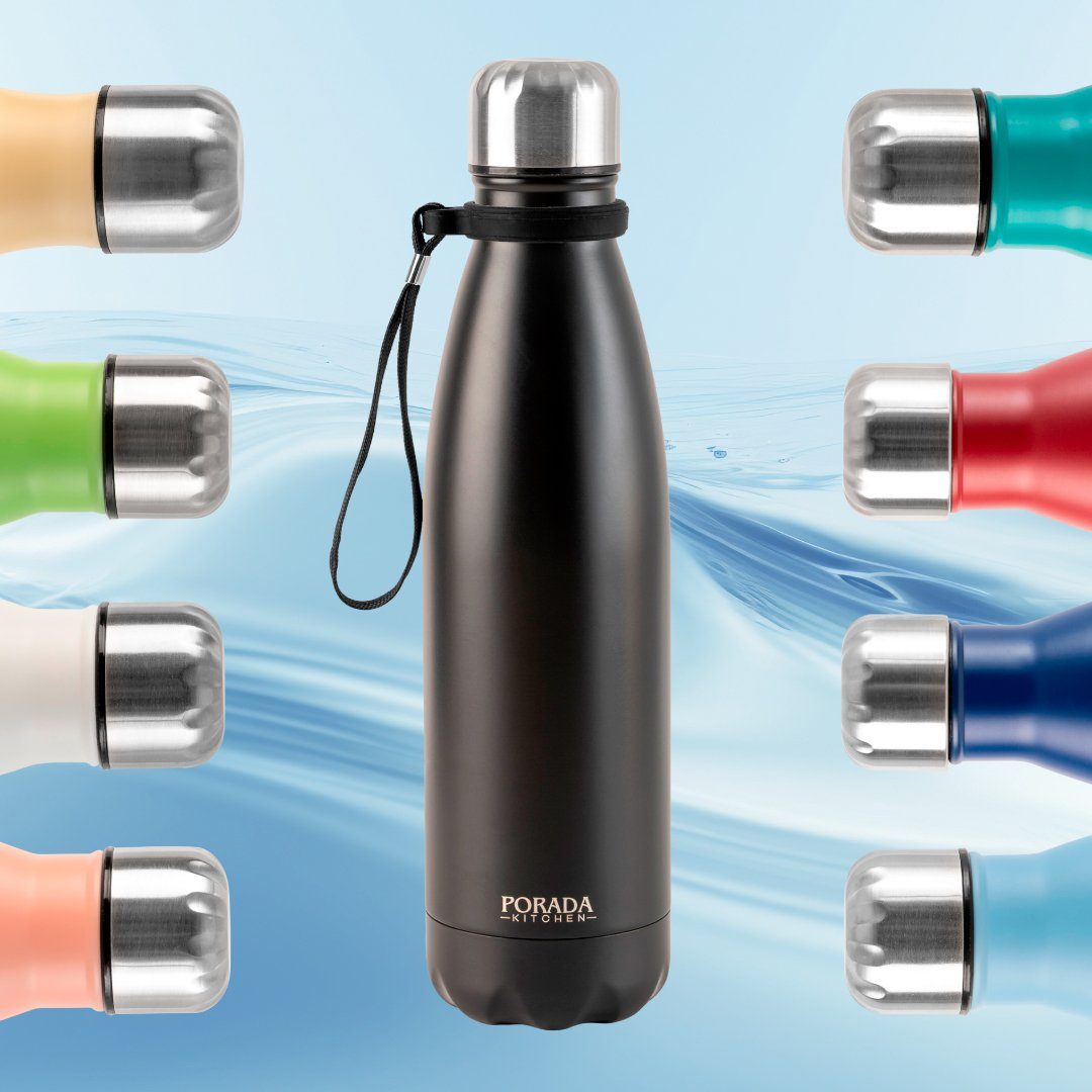 PORADA Isolierflasche Trinkflasche Edelstahl Thermoflasche Doppelwandig 350/500/750 ml, Edelstahl, rostfrei, Spülmaschinenfest