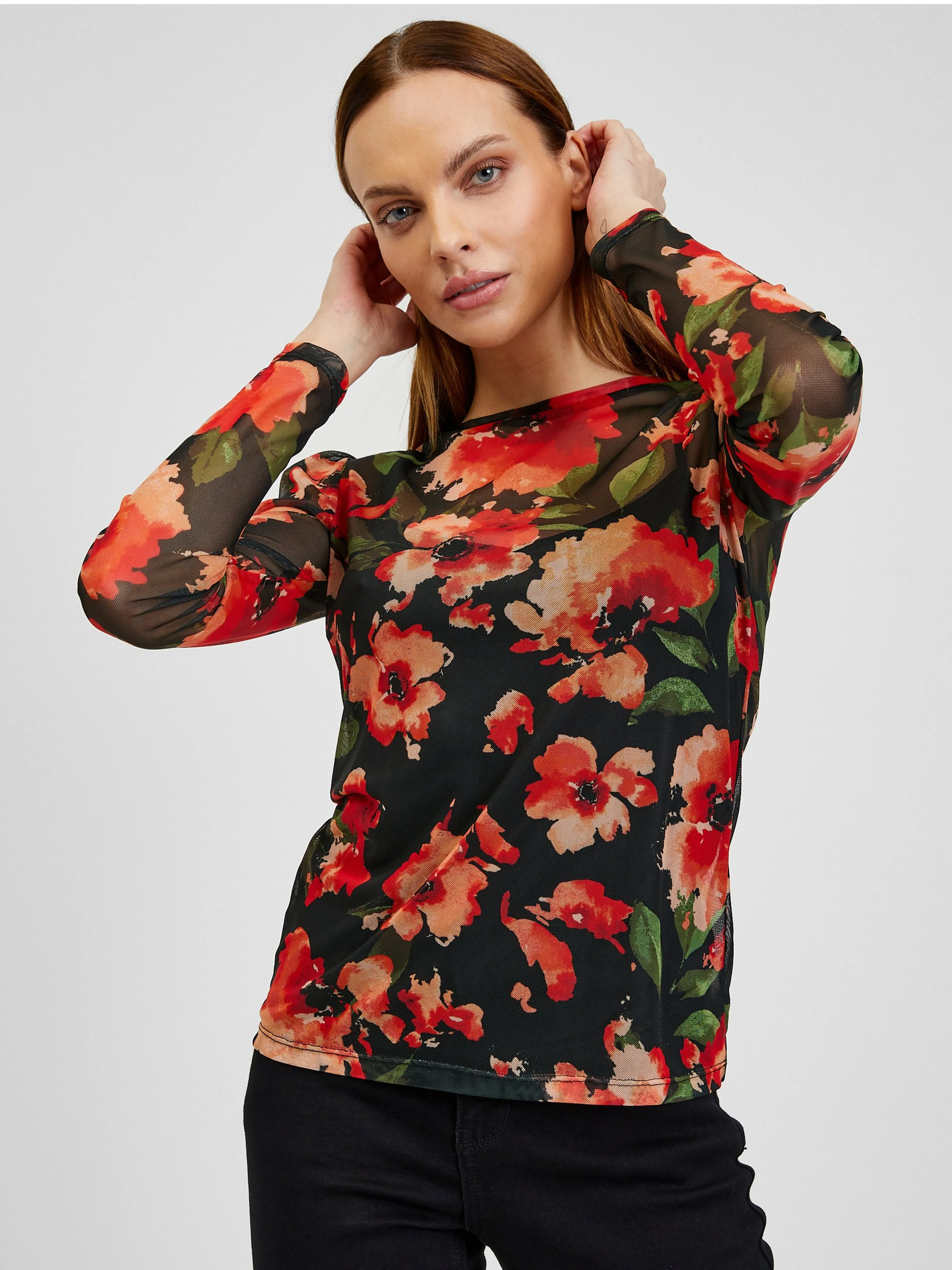Rot-schwarzes Damen T-Shirt mit Blumenmuster ORSAY