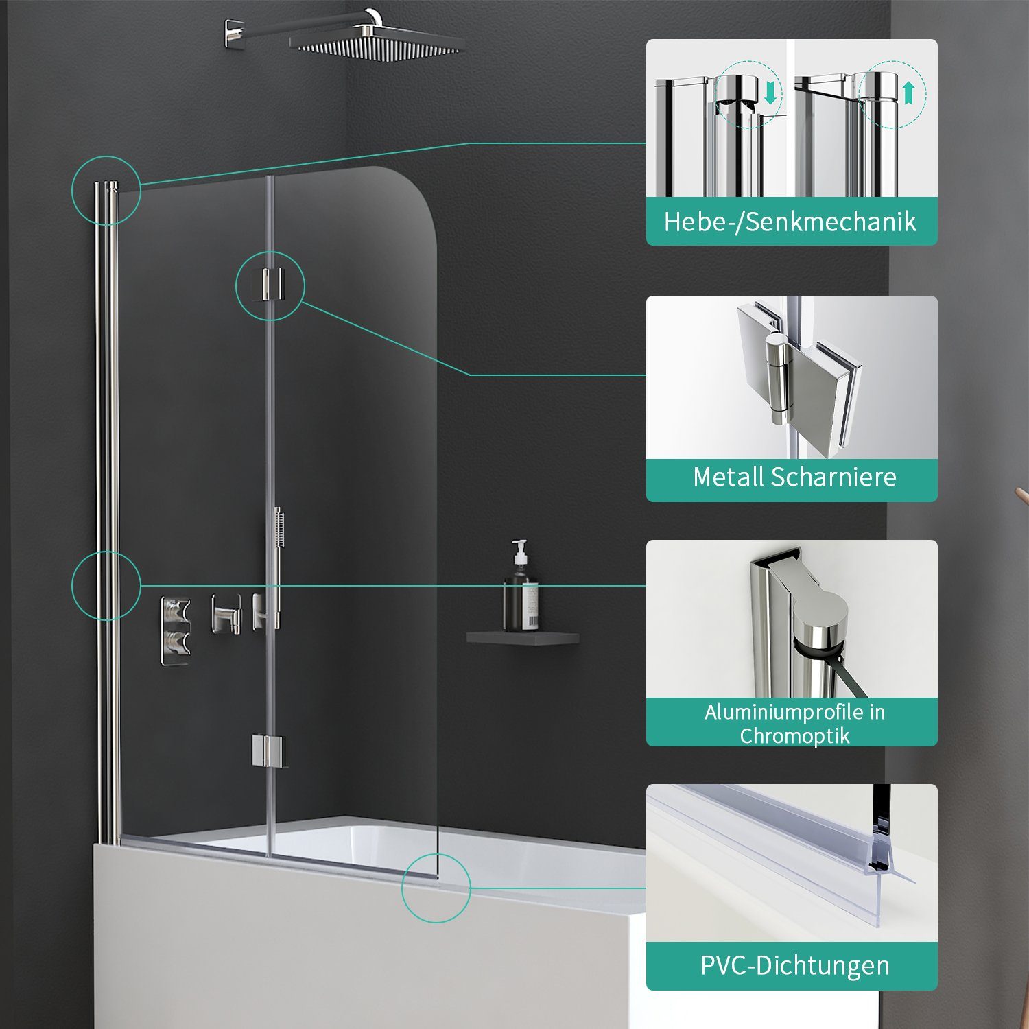 Boromal Badewannenfaltwand Duschwand Badewanne Faltbar 2/ 3-tlg Duschwand Klappbar 120x140cm, Einscheibensicherheitsglas, 6mm Easyclean ESG Sicherheitsglas, Vollständig zusammenklappbar
