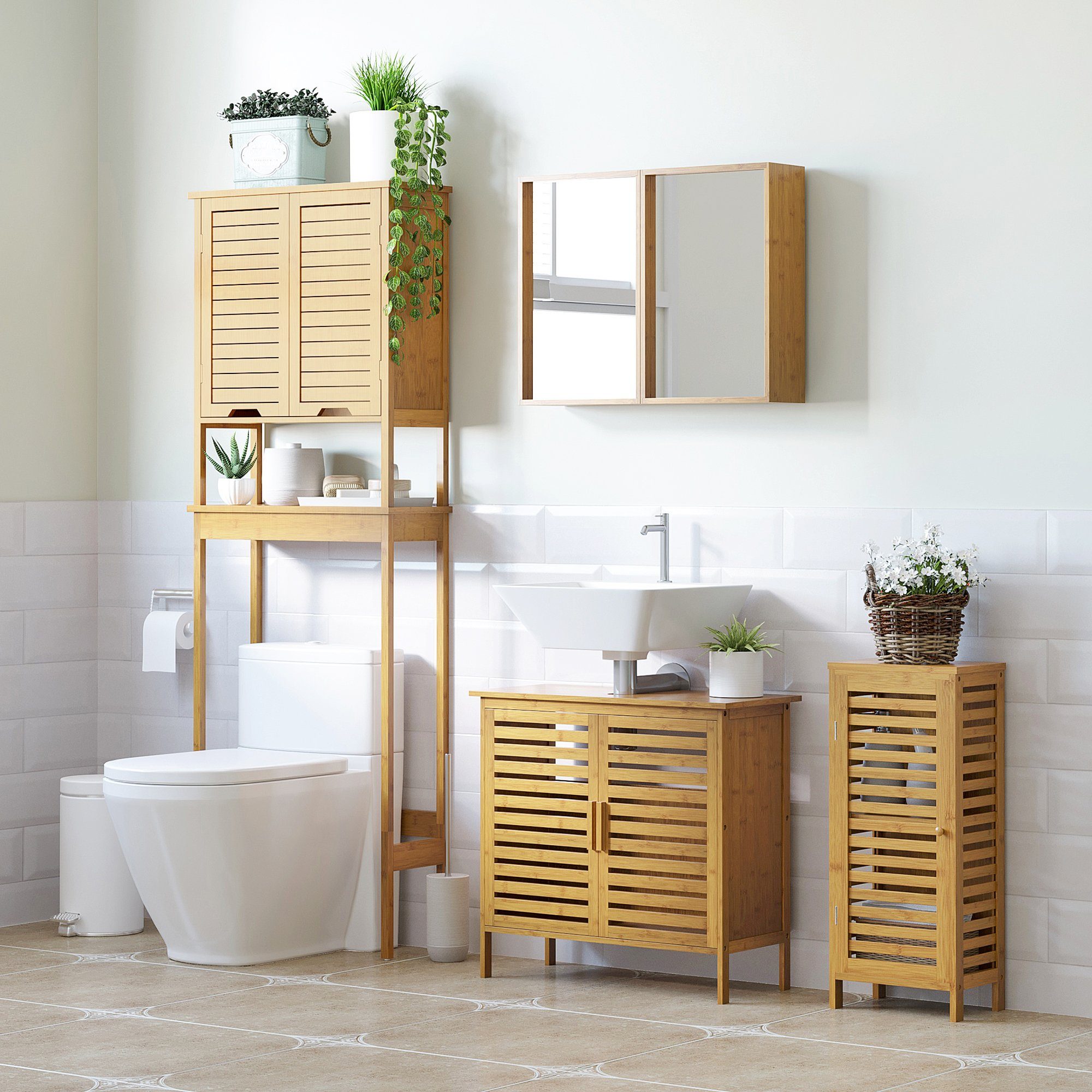 Kleankin Badkommode Badschrank Badezimmerschrank Beistellschrank mit Lamellentür 2 Fächern (Aufbewahrungsschrank, 1 St., Toilettenschrank), Natur, 30 x 19,9 x 70 cm