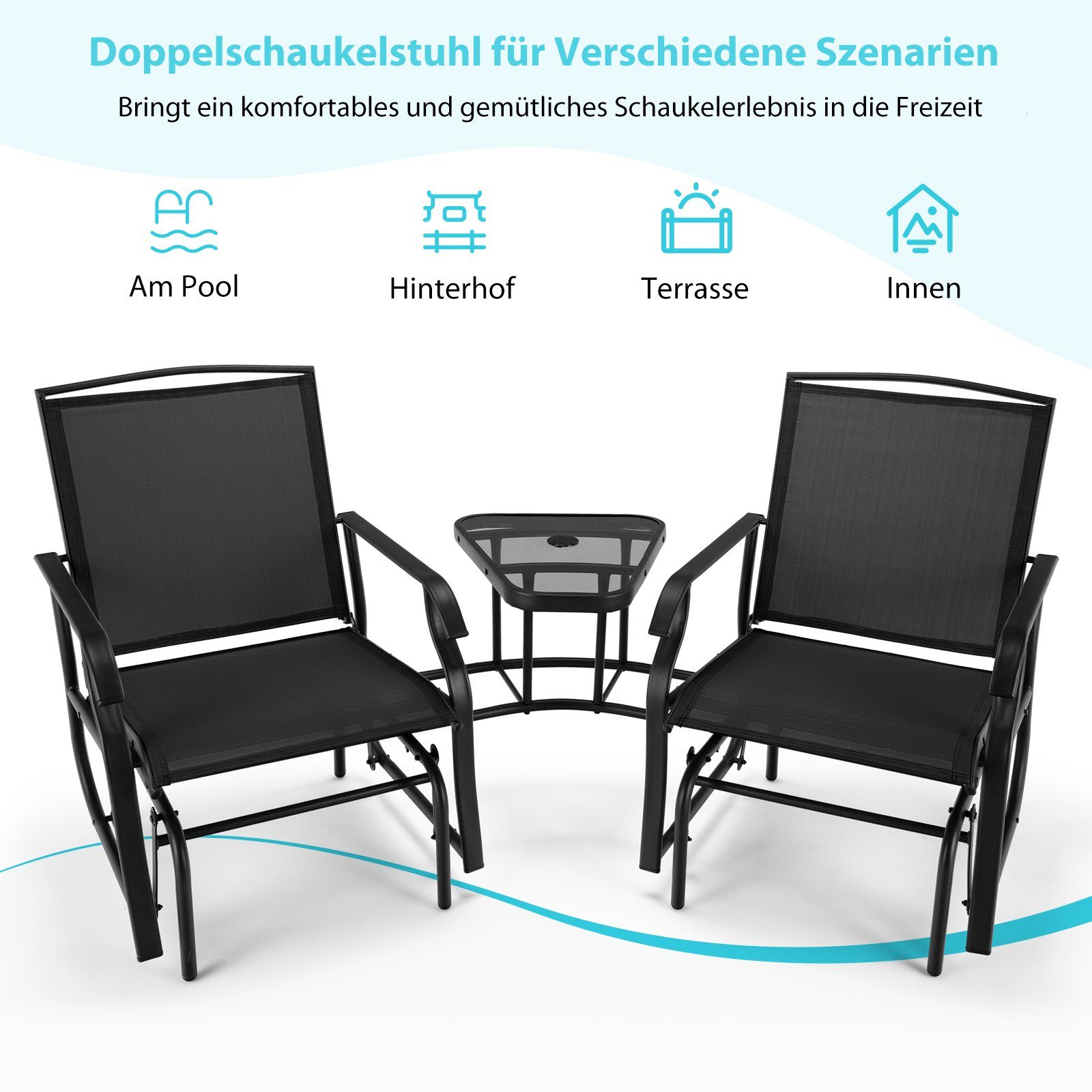COSTWAY Balkonset, 2 Sitzer Schaukelstuhl, mit Tisch & Schirmloch, 150kg