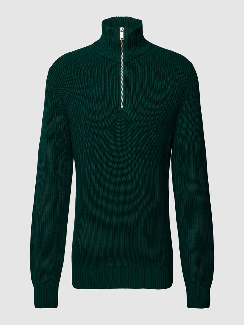 Strickpullover mit Stehkragen in dunkelgrün