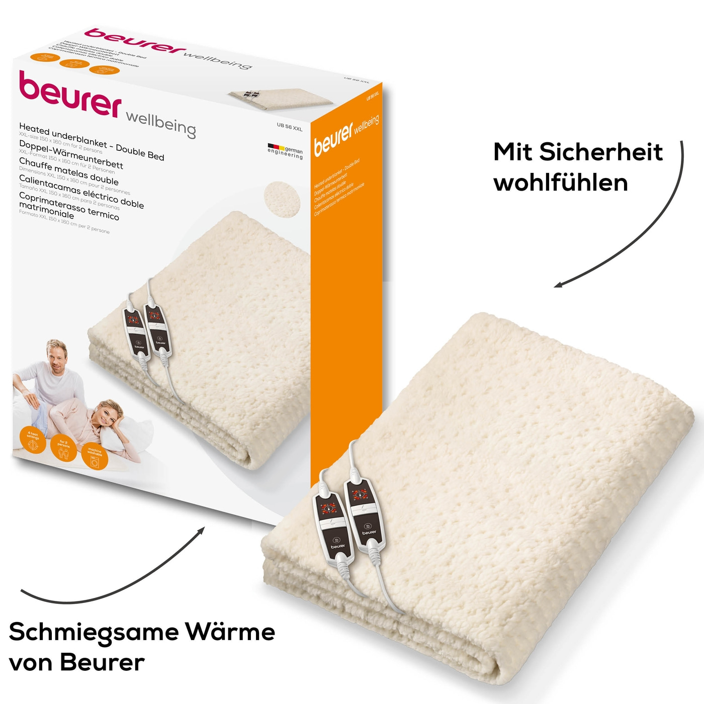 Beurer Doppel-Wärmeunterbett UB 56 Teddy Double-Extra großes & weiches Wärmeunterbett mit 2 Schaltern - 150 x 160 cm