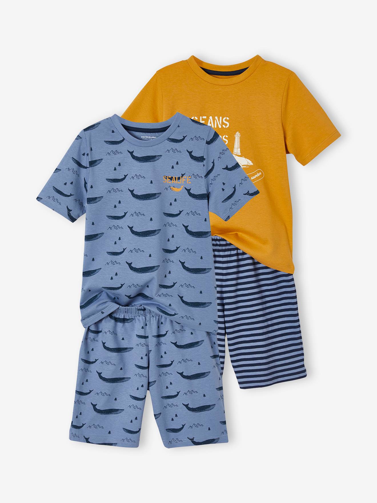 Lot de 2 pyjashorts garçon baleines BASICS lot moutarde et bleu