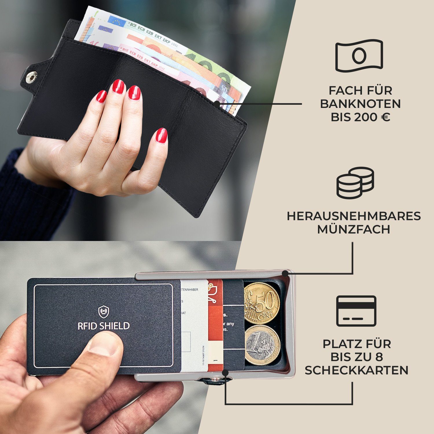 Slimpuro Geldbörse ZNAP Slim Wallet 8 Karten (Set), Portemonnaie RFID-Schutz Bankkarten Geldscheine Münzen Damen Herren