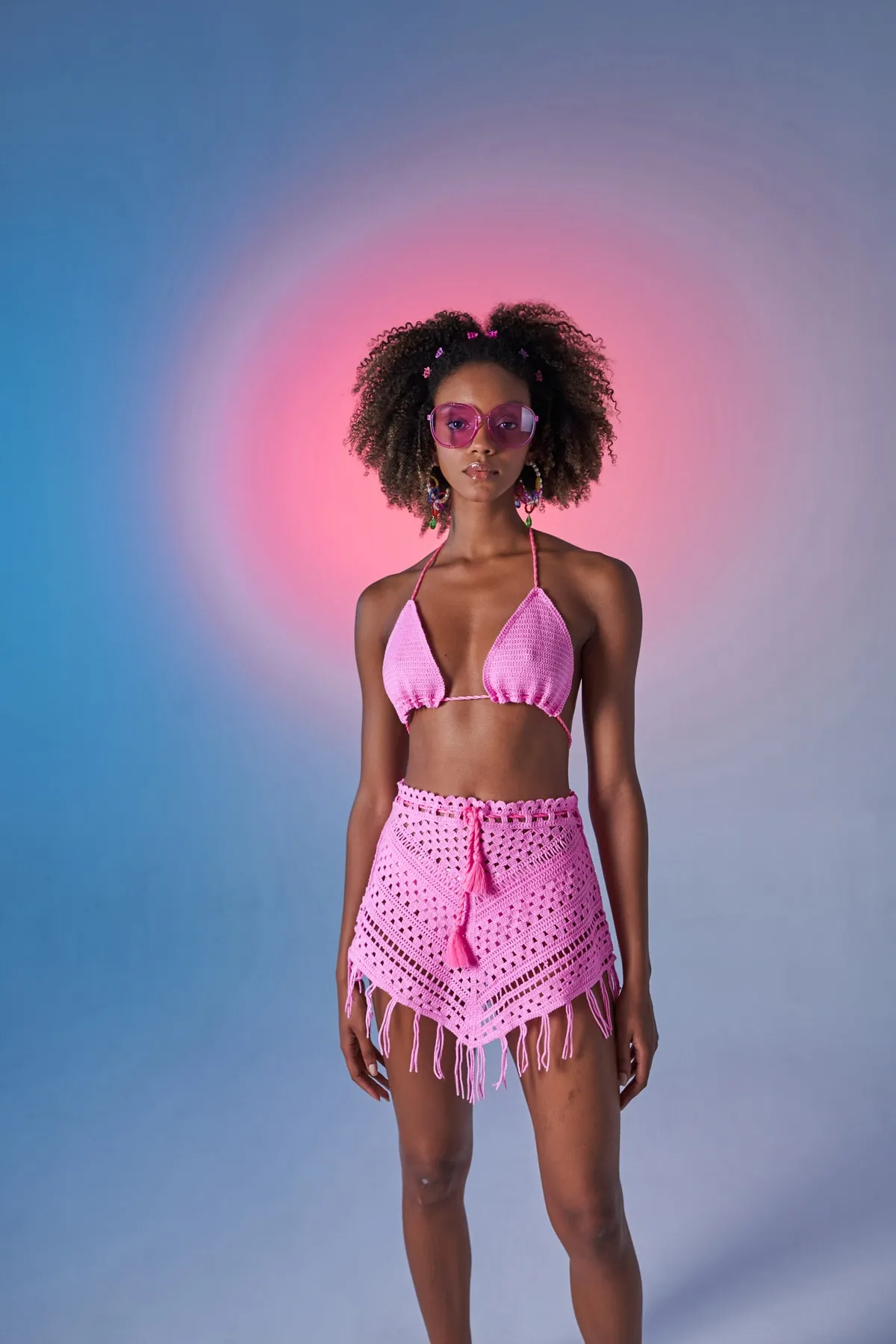 HOLLY LOLLY  Gemustertes Chacha-Strickset zum Binden für den Sommer, Oberteil und Unterteil, Rosa