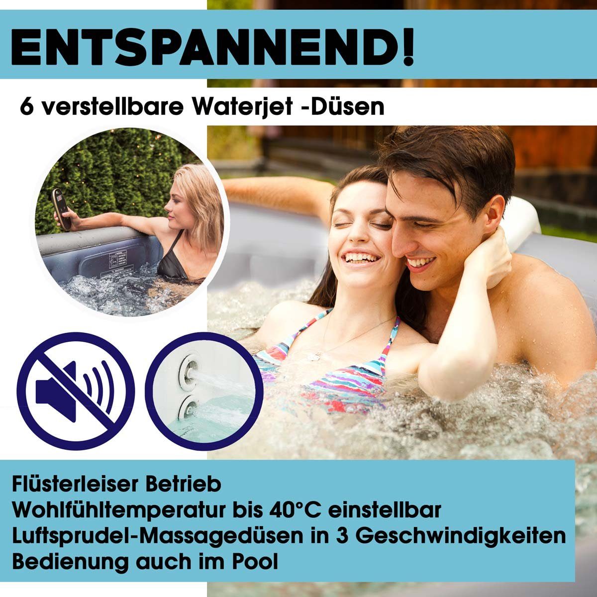 mSpa Whirlpool BRAST aufblasbar Otium für 6 Personen 185x185x68cm In- Outdoor Pool, (125 Massagedüsen Timer Heizung Aufblasfunktion per Knopfdruck), Bubble Spa Wellness Massage