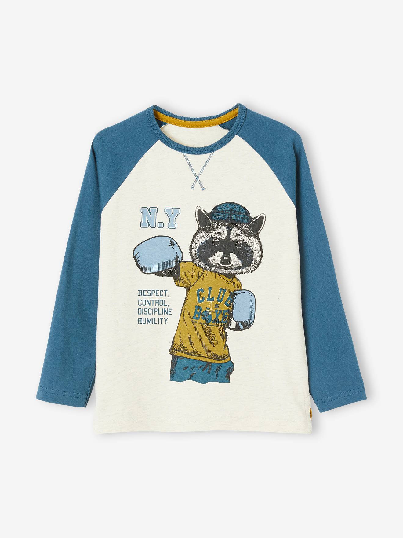 Tee-shirt sport motif raton boxeur garçon manches raglan écru chiné