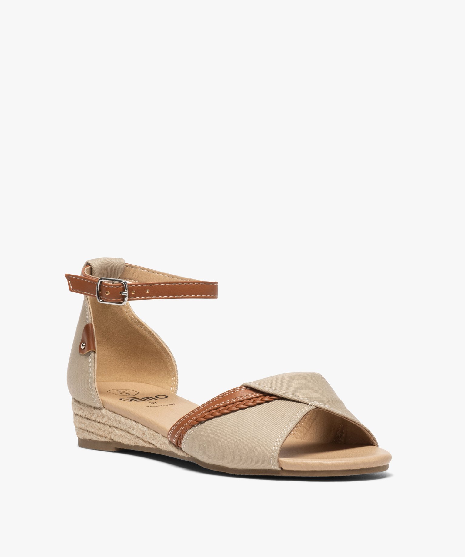 Sandales femme à petit talon compensé dessus toile beige | GEMO