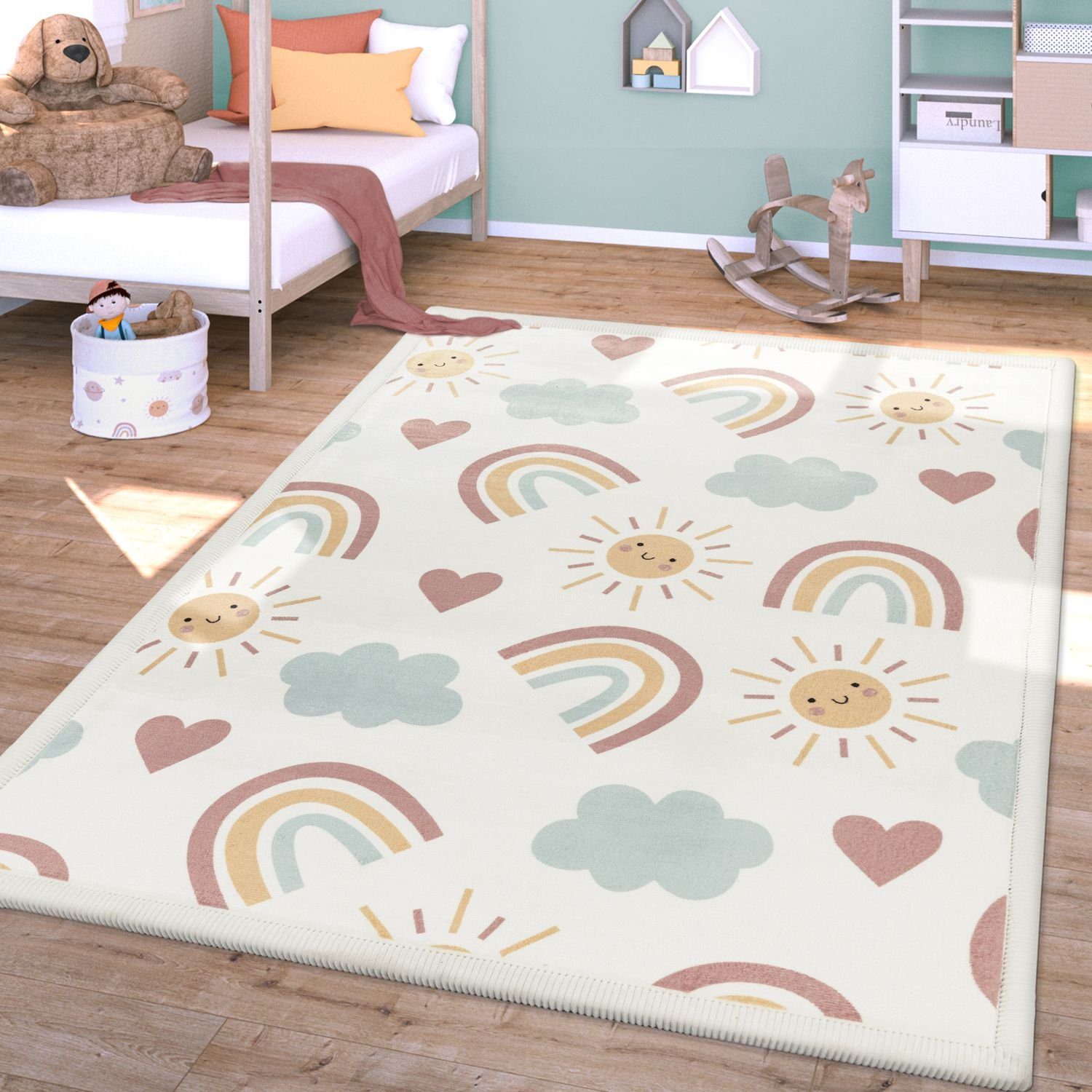 Kinderteppich Kinderzimmer Kinderteppich Spielmatte Punkte Regenbogen Sonne Planet, TT Home, rechteckig, Höhe: 24 mm