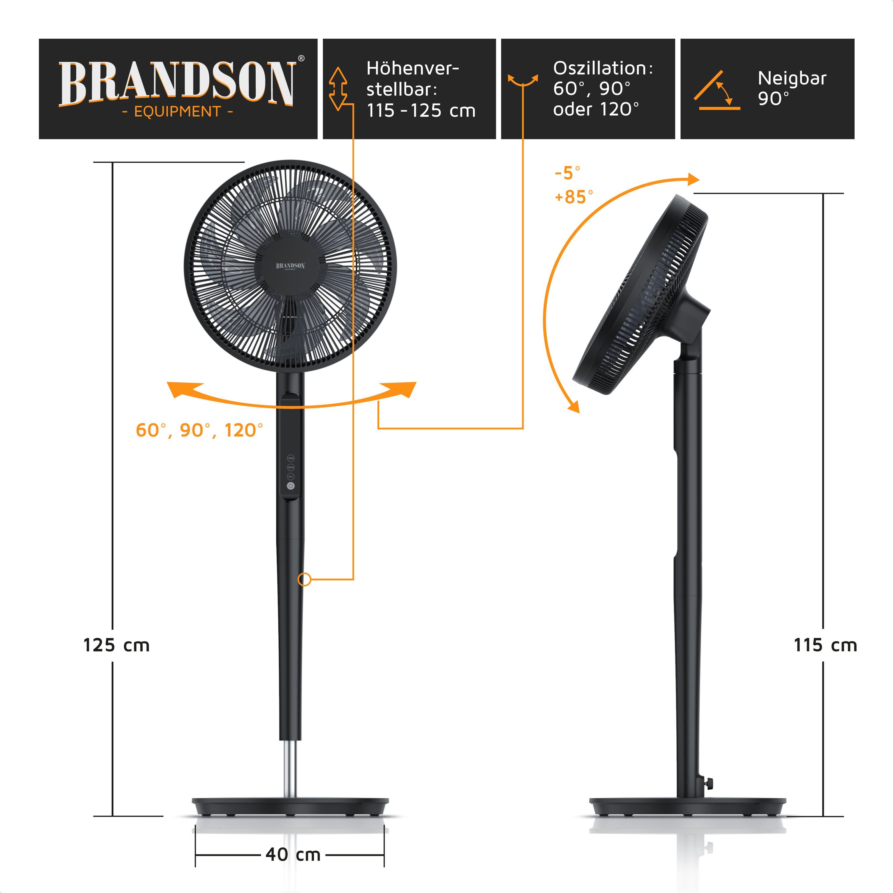 Brandson Standventilator, 40 cm Durchmesser, DC, leise, energiesparend, Oszillation, Timer, 9 Stufen, Fernbedienung