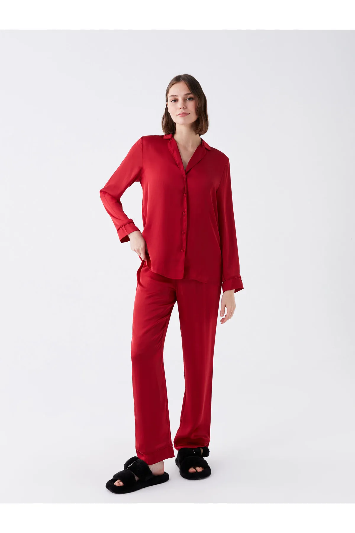 LC Waikiki  Damen-Pyjama-Set aus Satin mit Hemdkragen, einfarbig und langärmelig