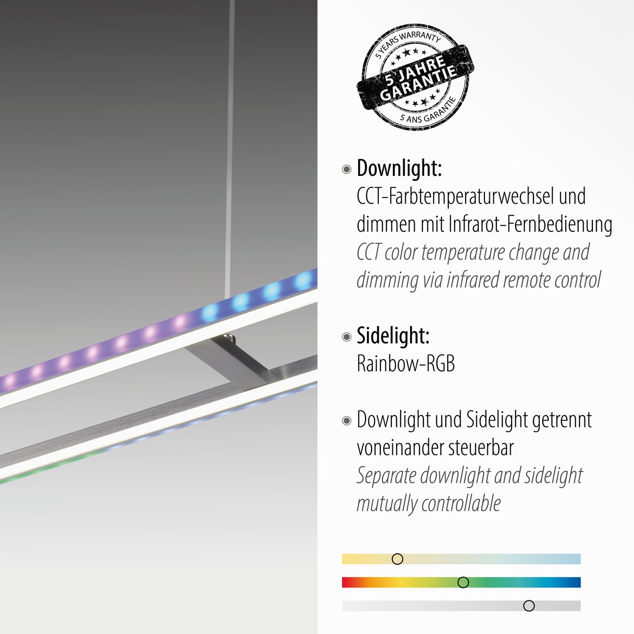 JUST LIGHT LeuchtenDirekt LED Pendelleuchte FELIX60, Downlight: CCT, Sidlight: RGB, dimmbar, IR-Fernbedienung, IP20
