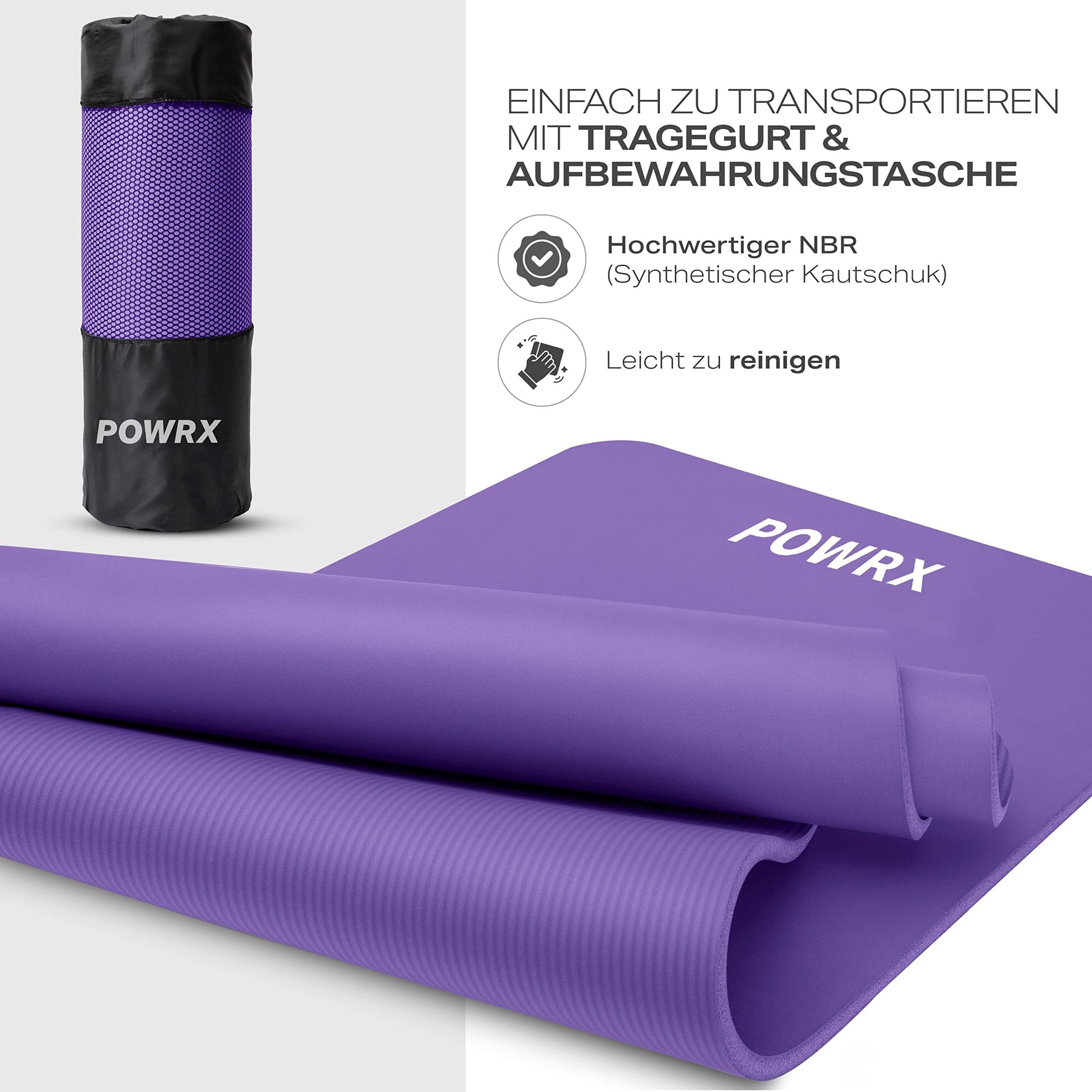 POWRX Yogamatte Gymnastikmatte Yoga-Matte (Lila, 190x80cm) inkl. Tasche+Übungsposter, Violett 190 X 80 X 1.5 Cm