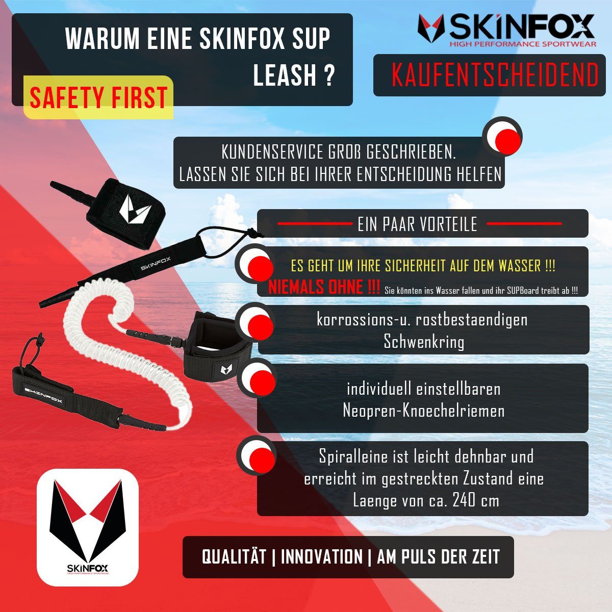 Skinfox SUP-Leash SKINFOX Leash SUP Fussleine Coiled Leine für Stand Up Paddle Board und Surfboard