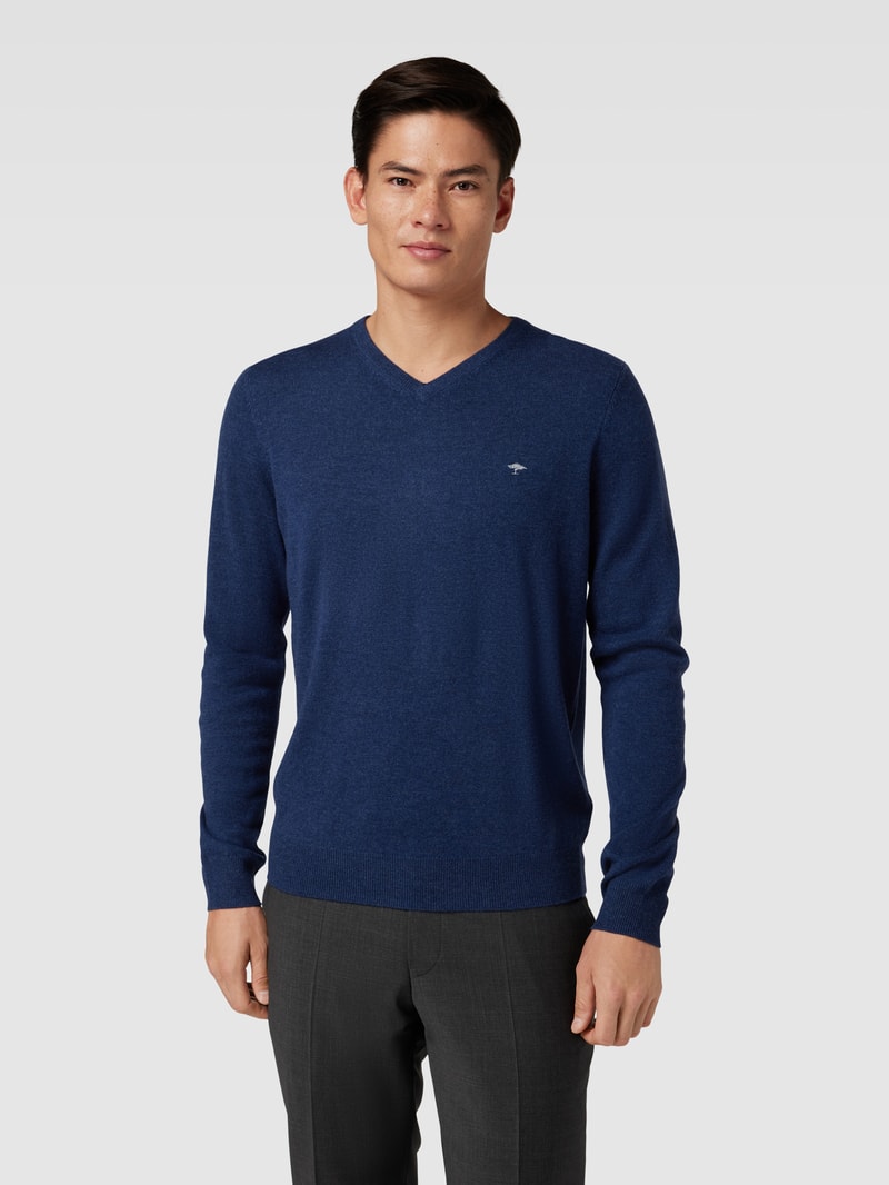 Strickpullover mit Logo-Stitching in marineblau meliert