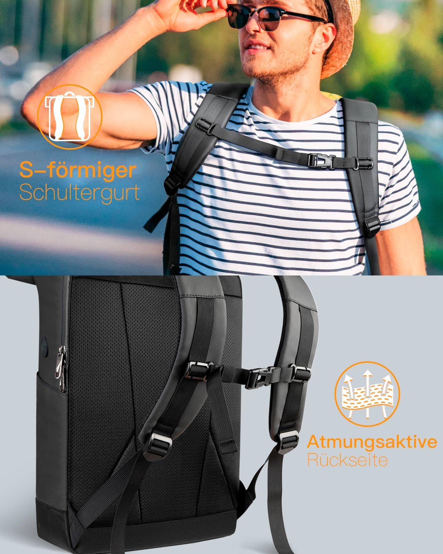 Inateck Laptoprucksack RollTop Rucksack Herren Damen 25L-30L Schulrucksack