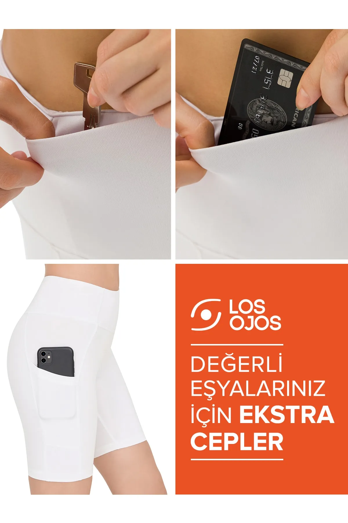LOS OJOS  Weiße Damen-Kompressor-Bikershorts mit hoher Taille und doppelter Tasche, kurze Sportstrumpfhose