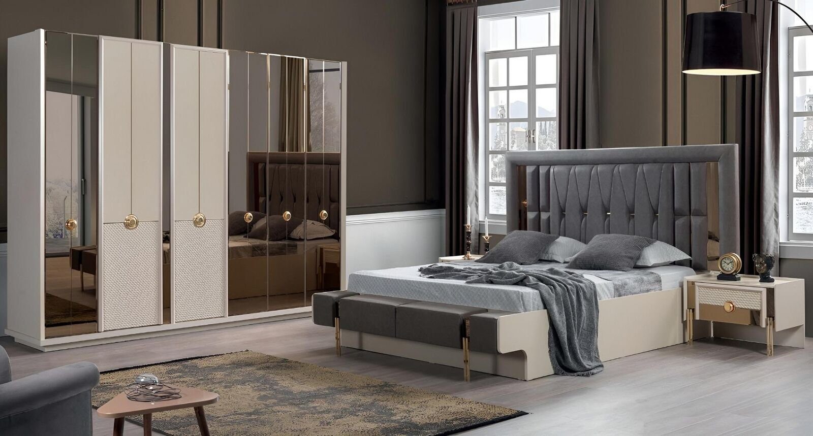 JVmoebel Schlafzimmer-Set Design Komplett Möbel Schlafzimmer Bett 2x Nachttische Kleiderschrank, (4-St., Bett/2x Nachttische/Kleiderschrank), Made in Europa