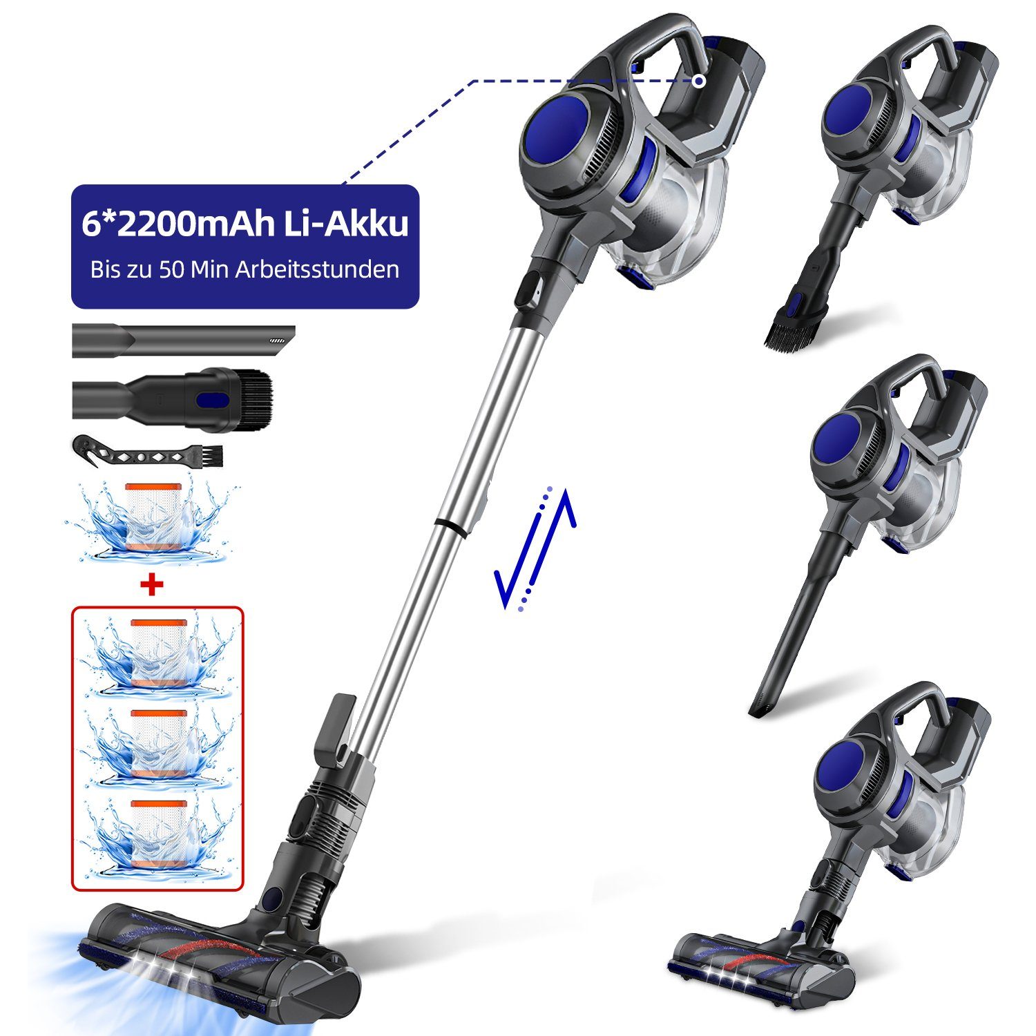 Authmic Akku-Stielstaubsauger Akku Staubsauger, Staubsauger Kabellos mit 25000pa Saugkraft, Akkusauger, Bis zu 50 Min Laufzeit, 1.3L Staubbehälter, kabelloser Staubsauger für Tierhaare,Teppich und Hartböden