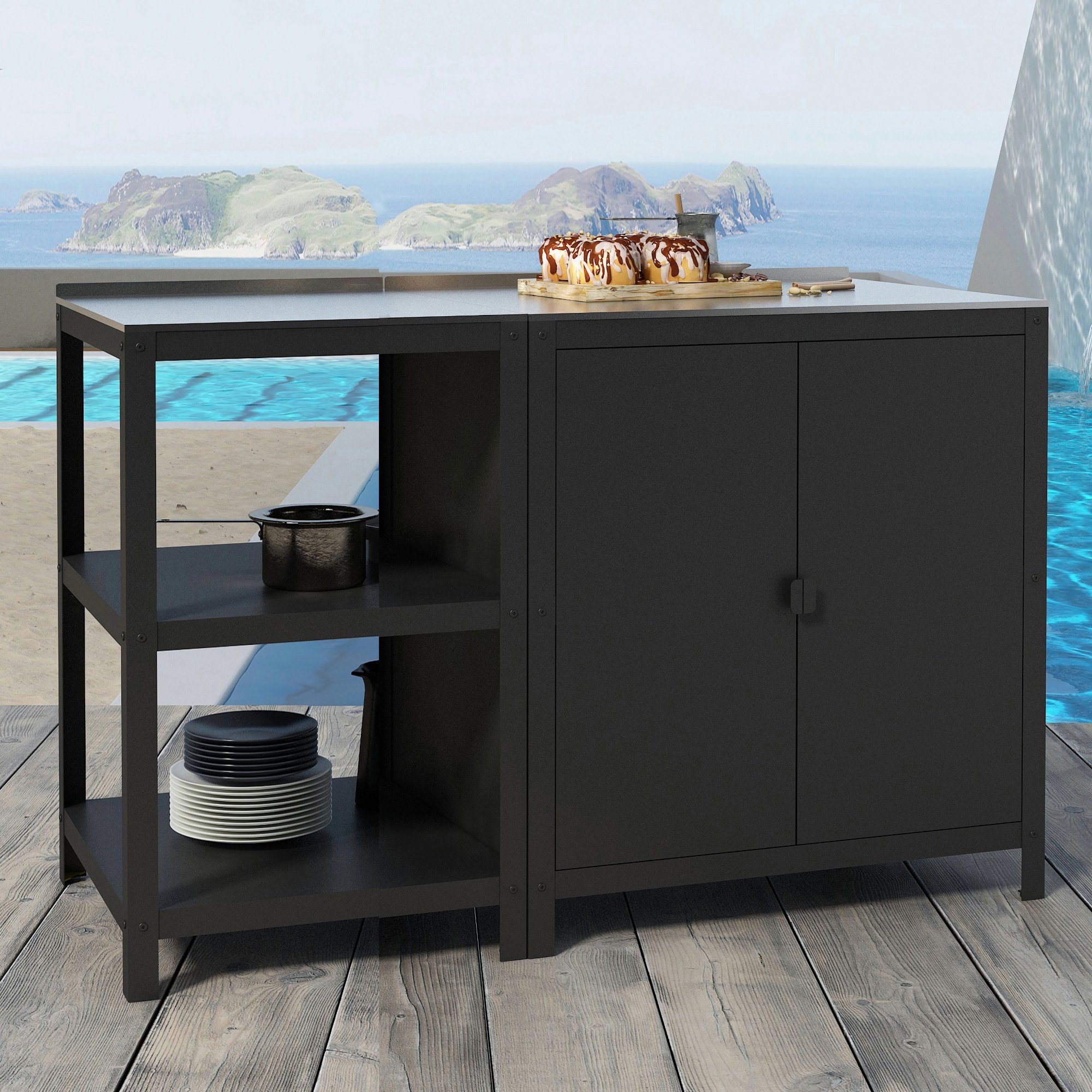 en.casa Mehrzweckschrank-Set, (Outdoor-Standregal + Schrank), Outdoorset Standregal und Schrank Schwarz, matt