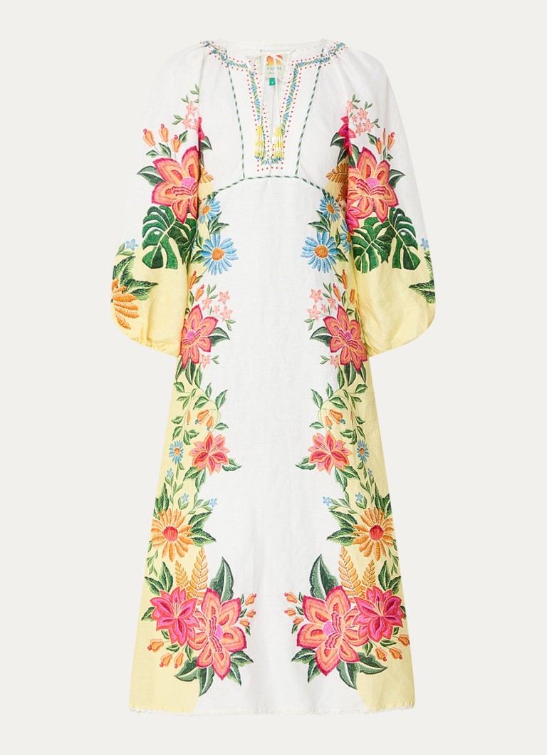 Vestido midi de lino de Farm Rio con bordado floral