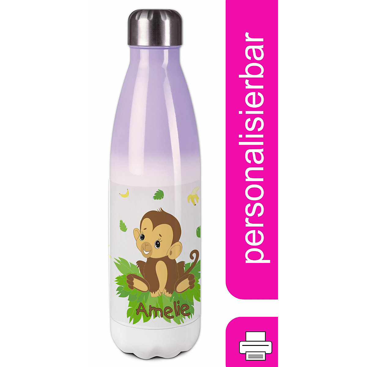 Edelstahl Kinder Thermoflasche / Trinkflasche bunt Affenbaby Spülmaschinenfest, Auslaufsicher, Bruchfest, Doppelwandig, Für Heißgetränke geeignet, Mit Deckel, Isoliert